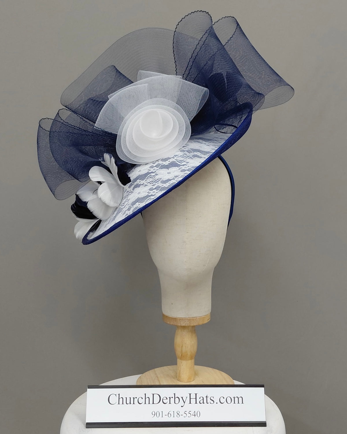 Kate Navy Blue and White  - Fascinator on Headband