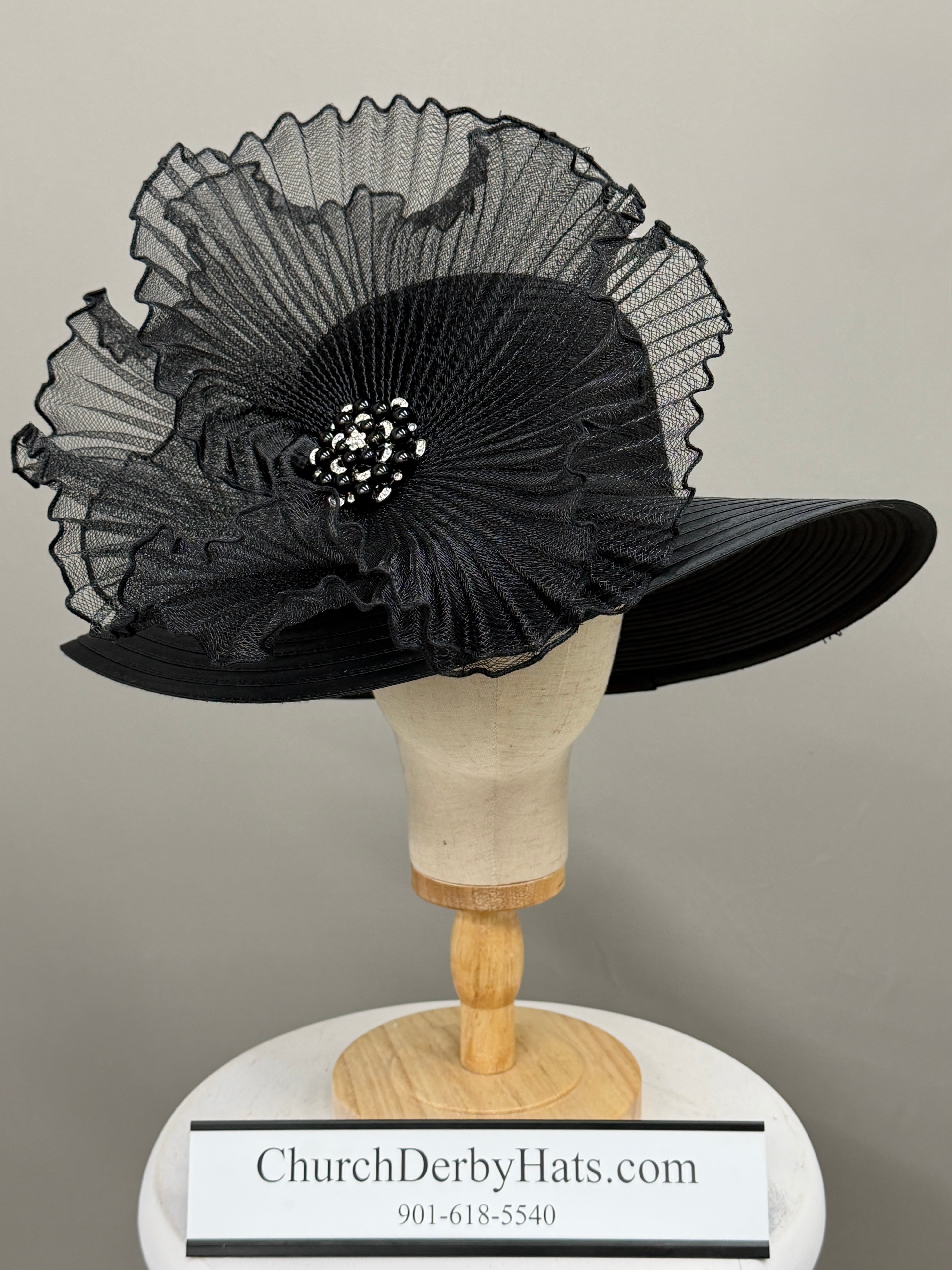 Black Satin Ribbon with Brooch - Church Derby Hat