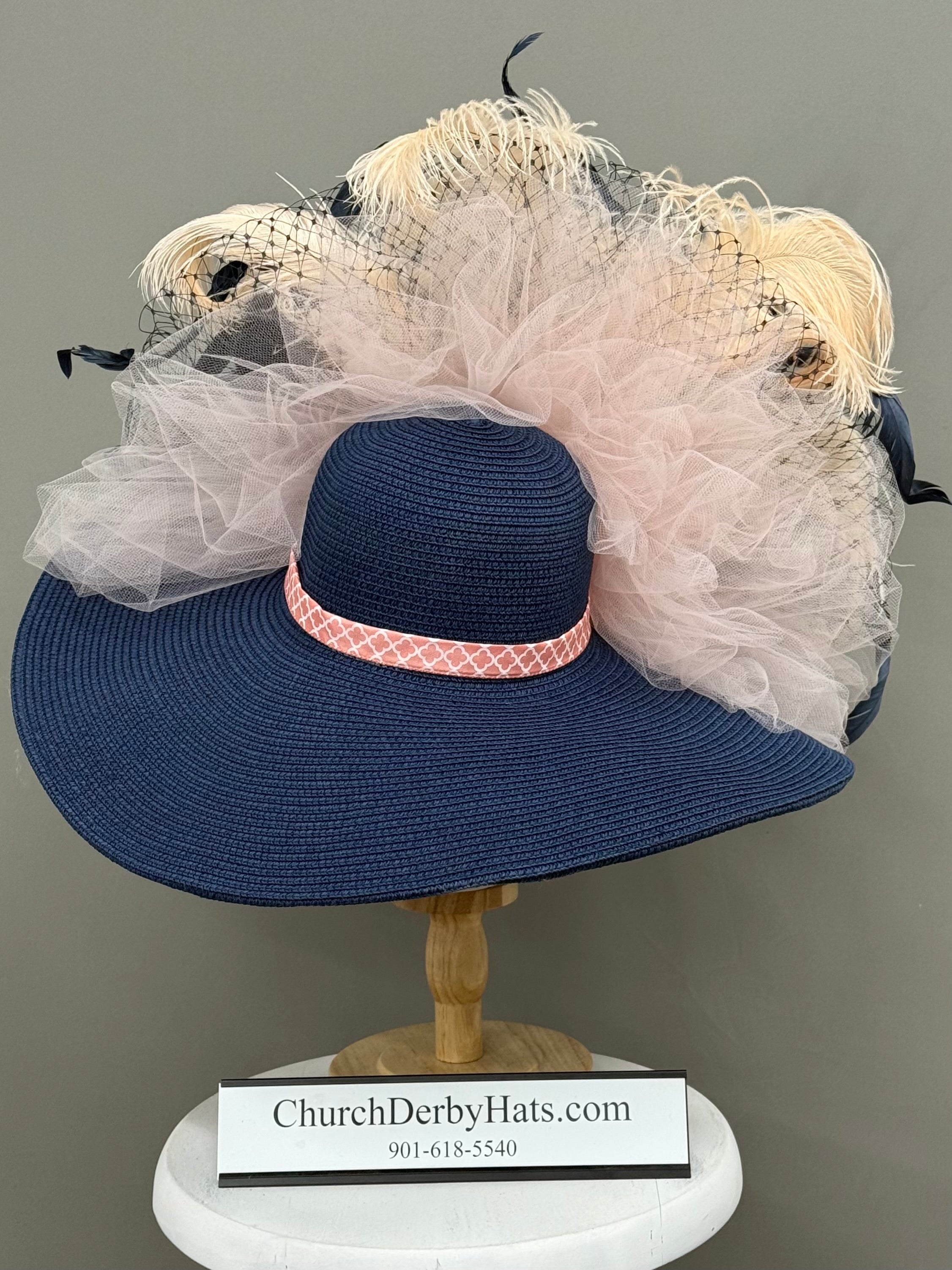 Windsor - Kentucky Derby Hat - Navy Blue, Peach Church Hat