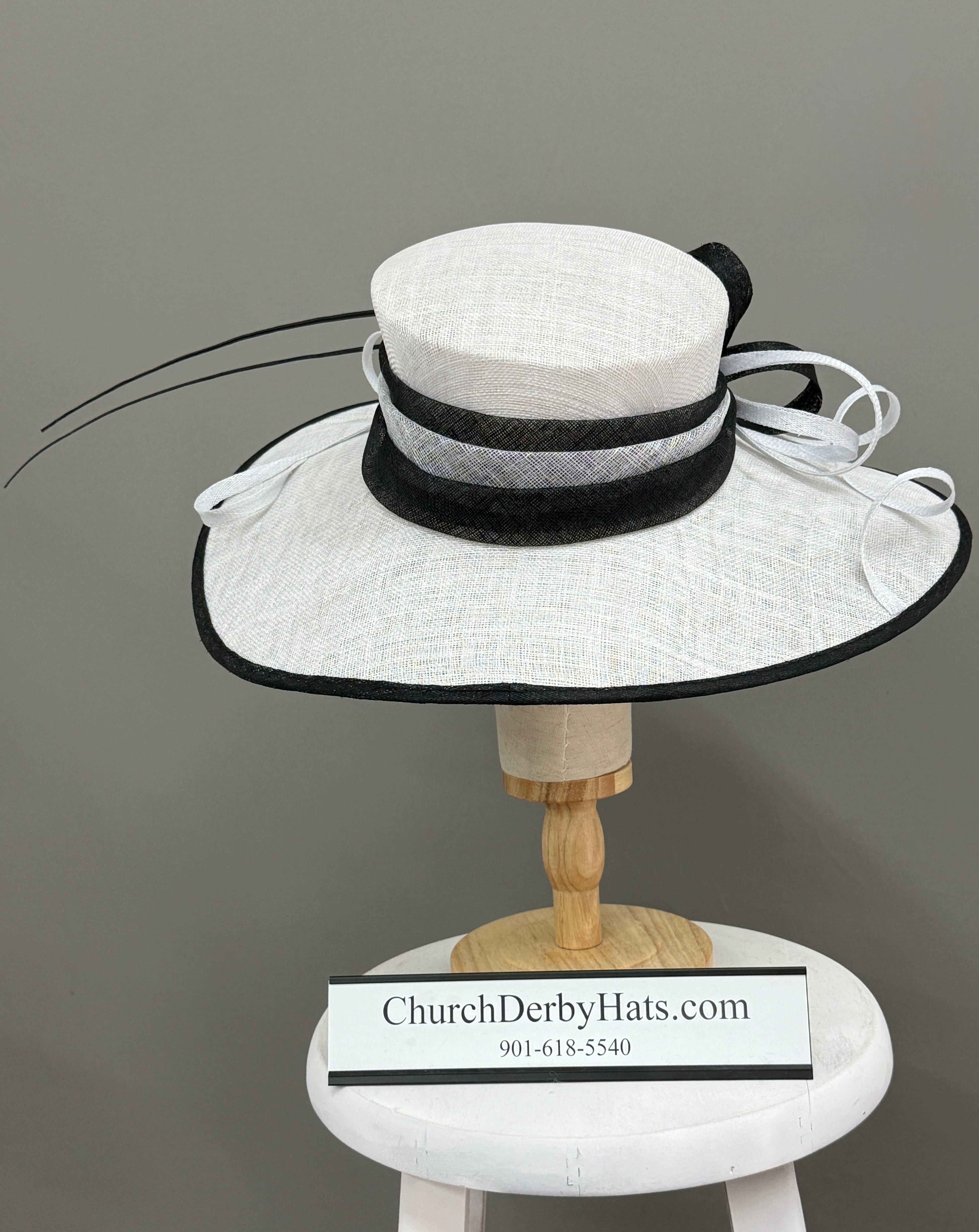 Elizabeth Black White Sinamay - Church Derby Hat
