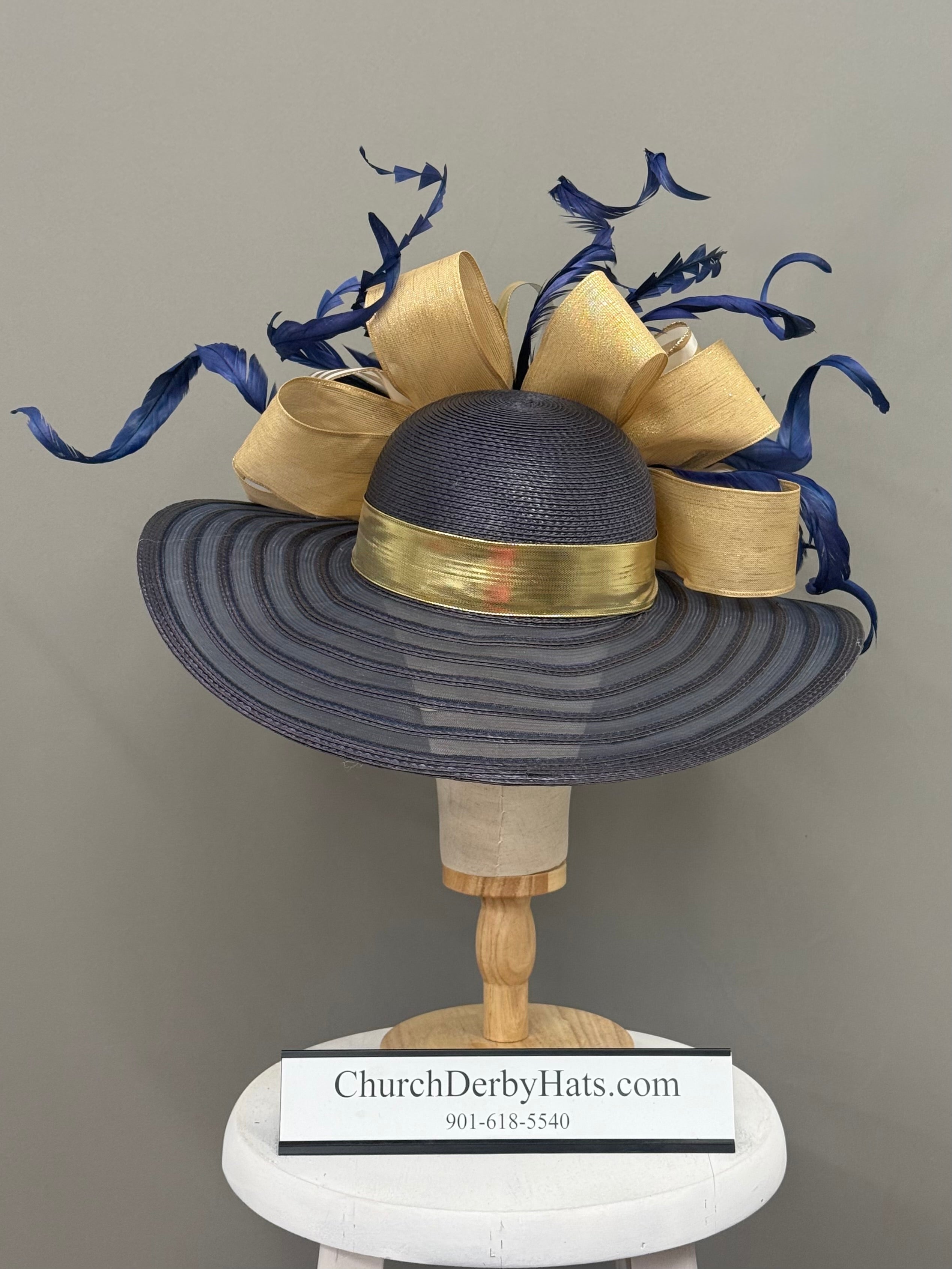 Kierra Navy Blue Gold - Kentucky Derby Hat - Church Hat