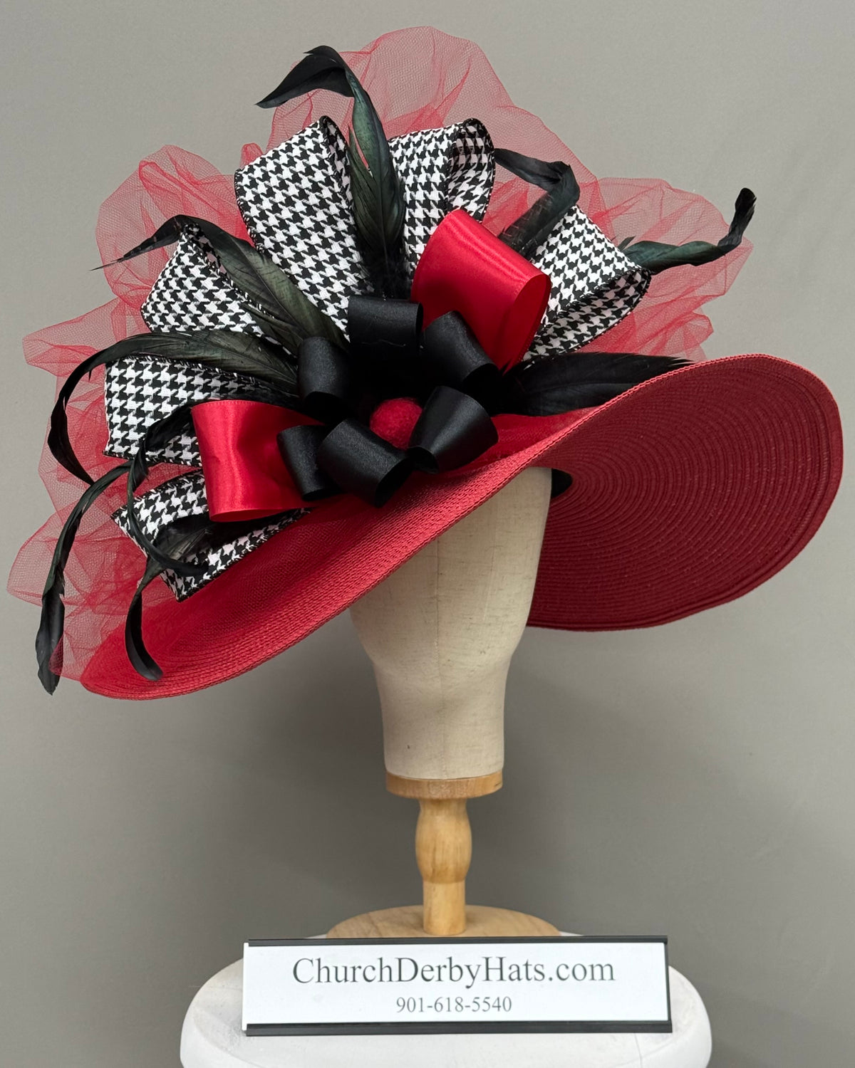 Houndstooth Red White Black - Kentucky Derby Hat - Church Hat