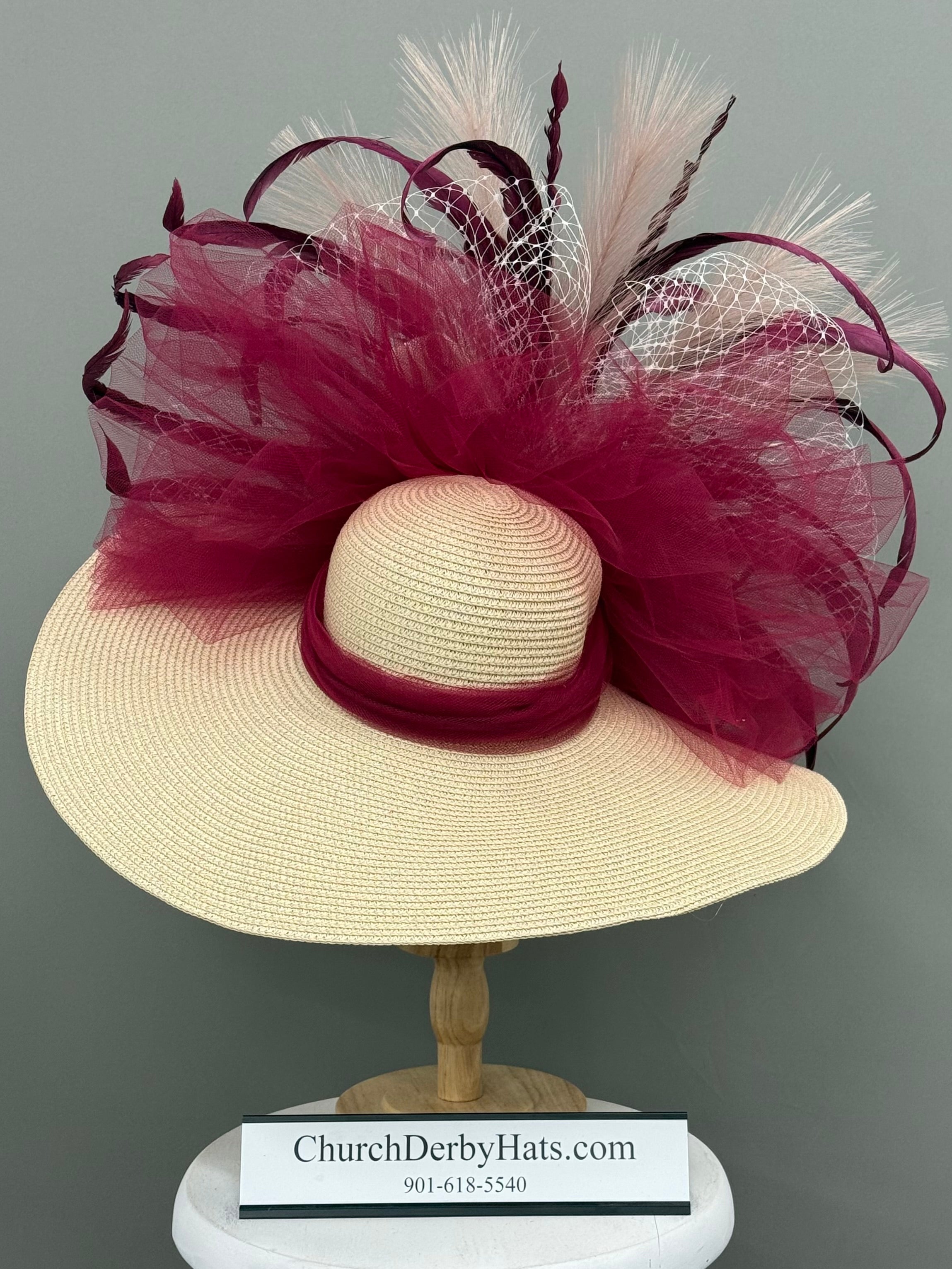 Duchess - Kentucky Derby Hat - Ivory Maroon Church Hat
