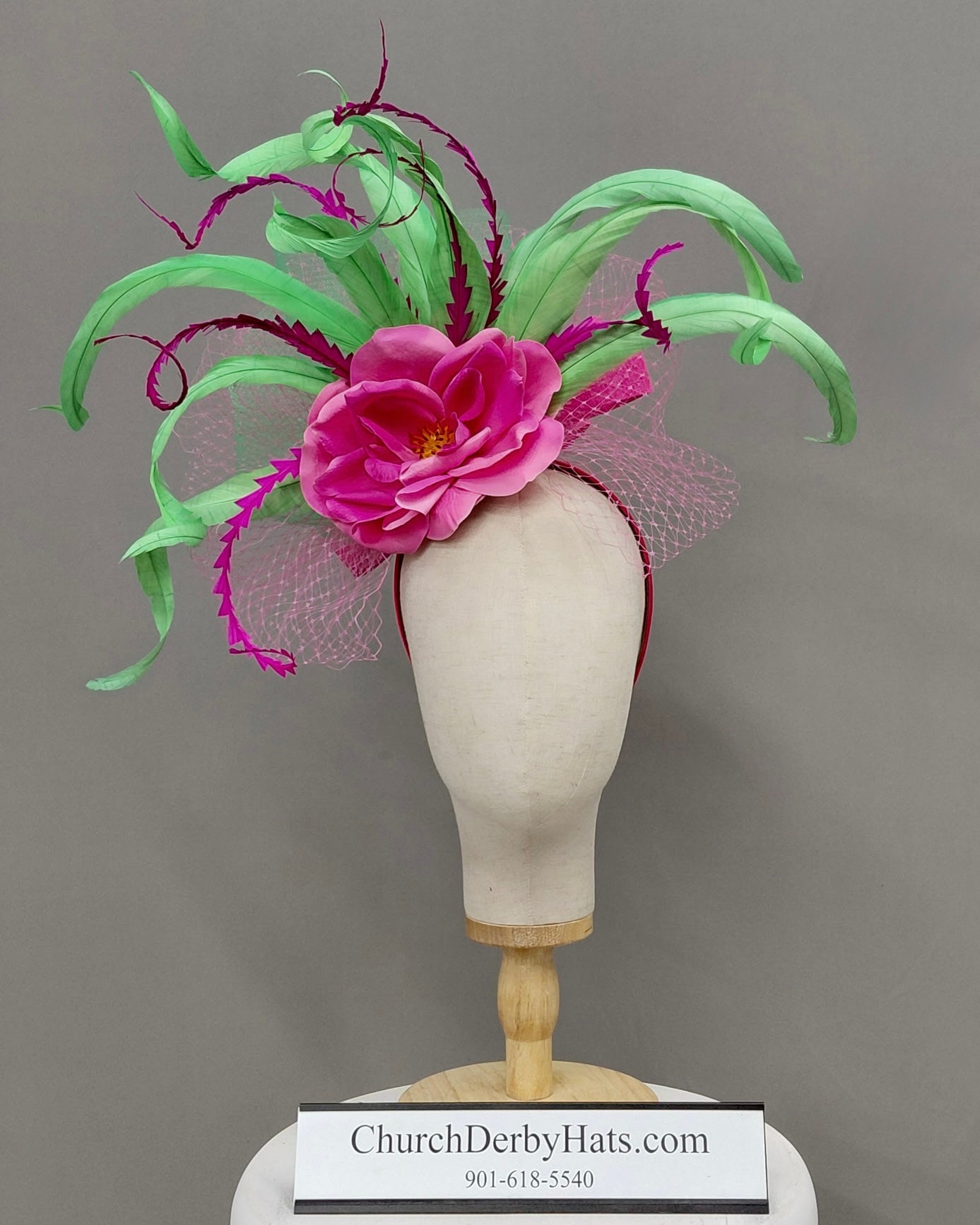 Pink Green Fascinator on Headband - Kentucky Derby Hat