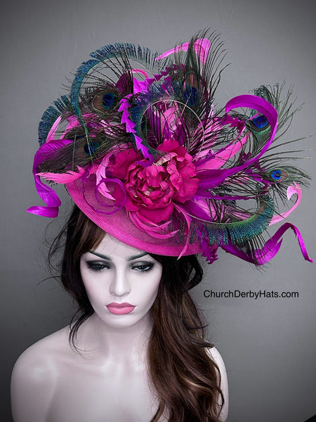 Fuchsia Pink fascinator with peacock feathers – Churchderbyhats.com