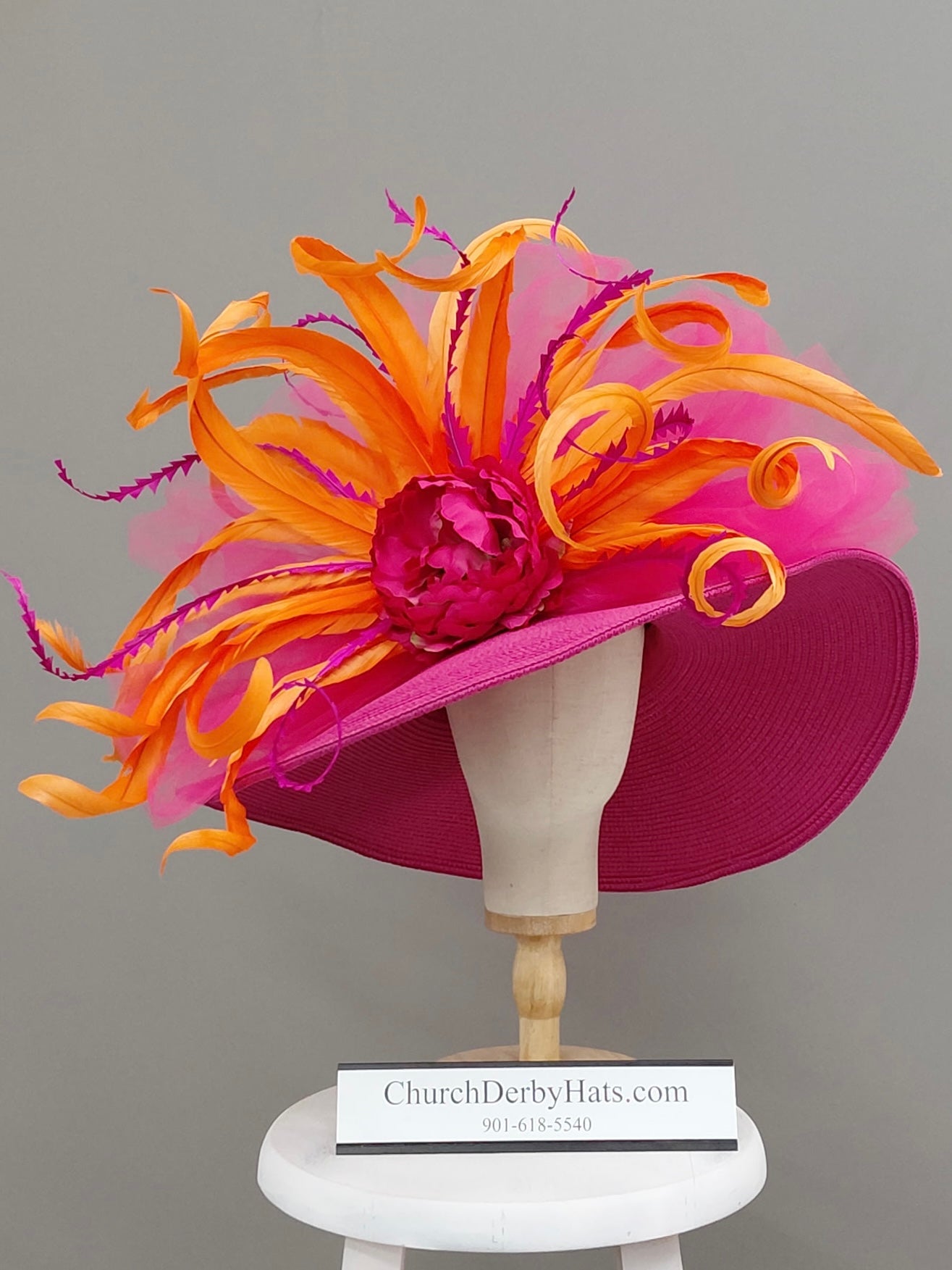Malone - Orange Fuchsia Pink Kentucky Derby Hat - Church Hat
