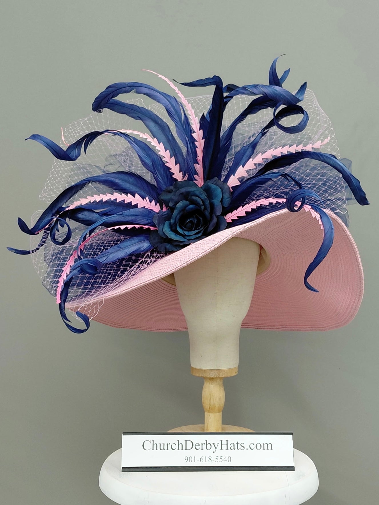 Jina - Kentucky Derby Hat - Pink Navy Blue Church Hat