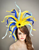 Yellow Blue Fascinator on headband
