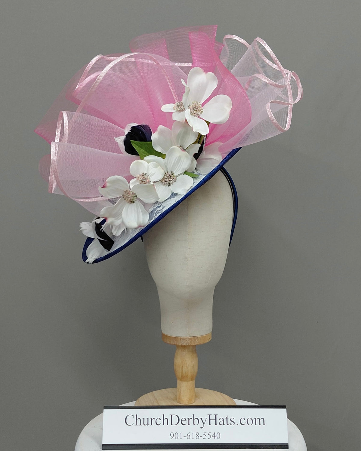 Cindy Navy White Pink - Kentucky Derby Fascinator on Headband