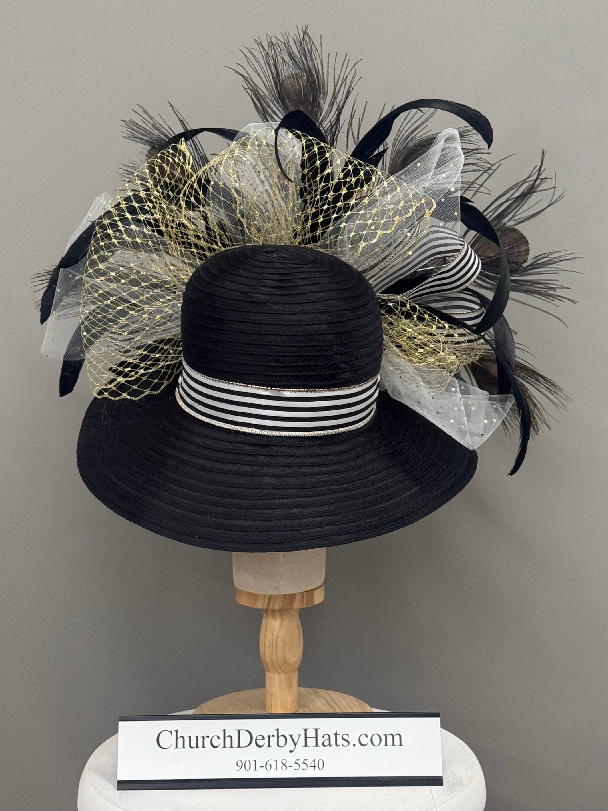 Tash Black White Stripe Gold Horse - Kentucky Derby Hat
