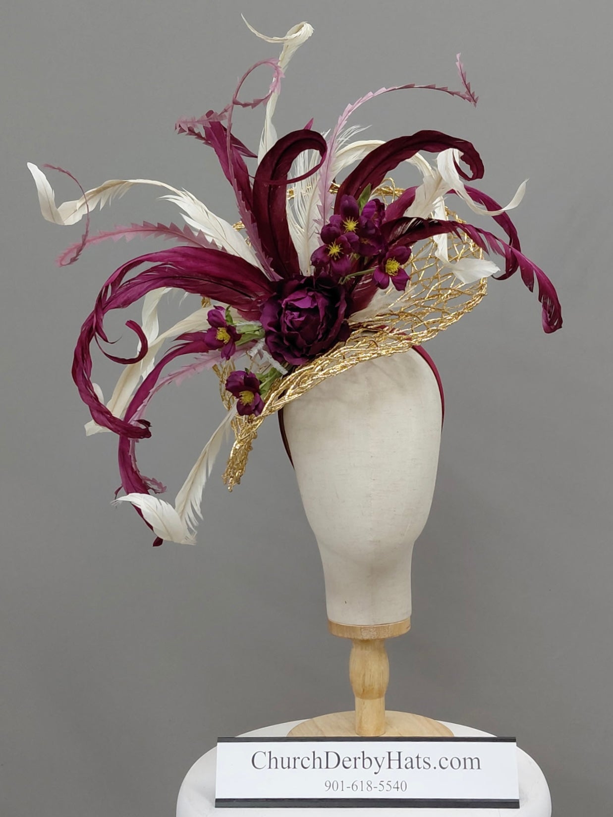 Elegance Gold Burgundy Fascinator on Headband - Kentucky Derby Hat - Church Hat