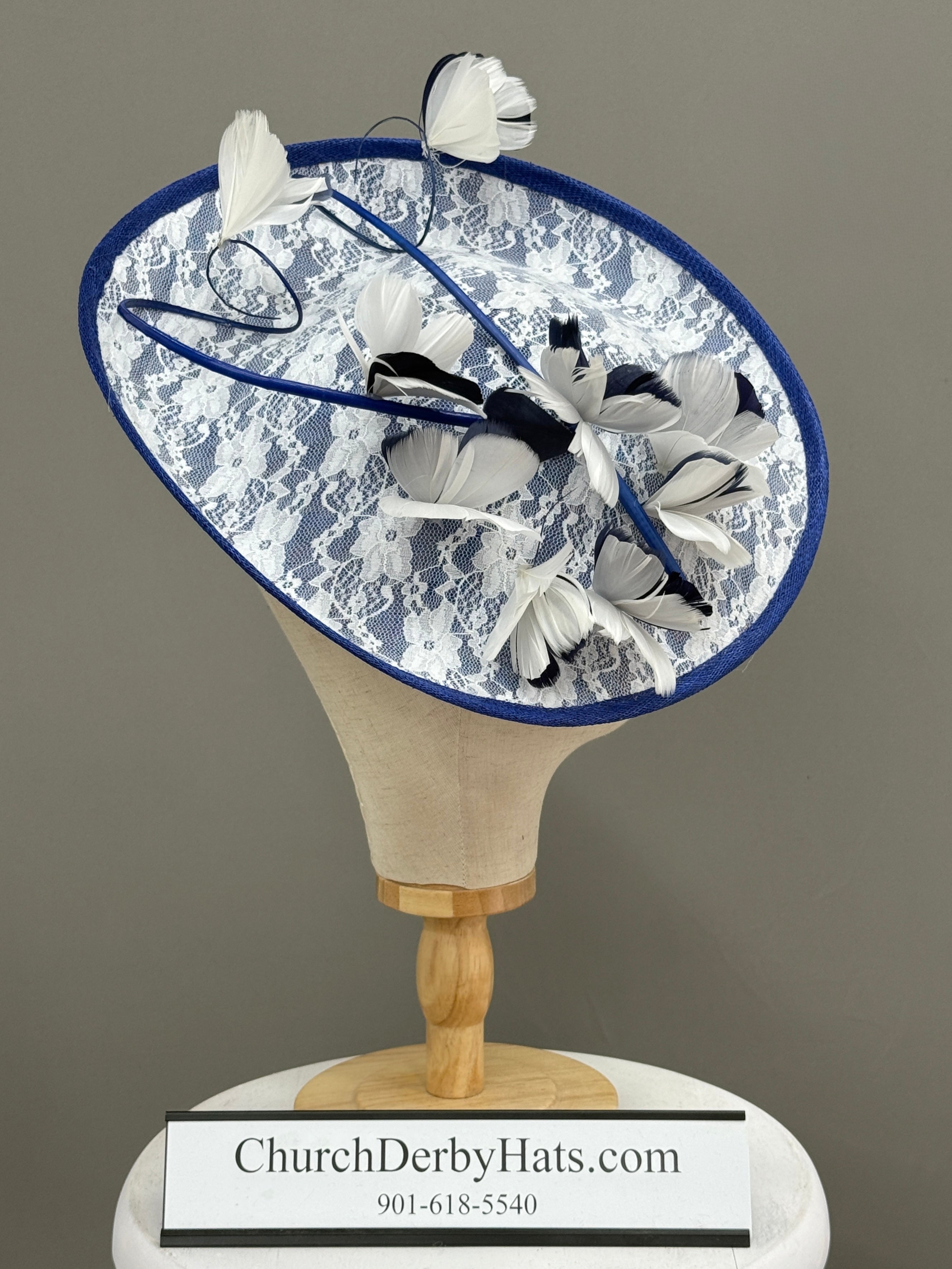 Sarai Navy White Lace Fascinator - Church Derby Hat