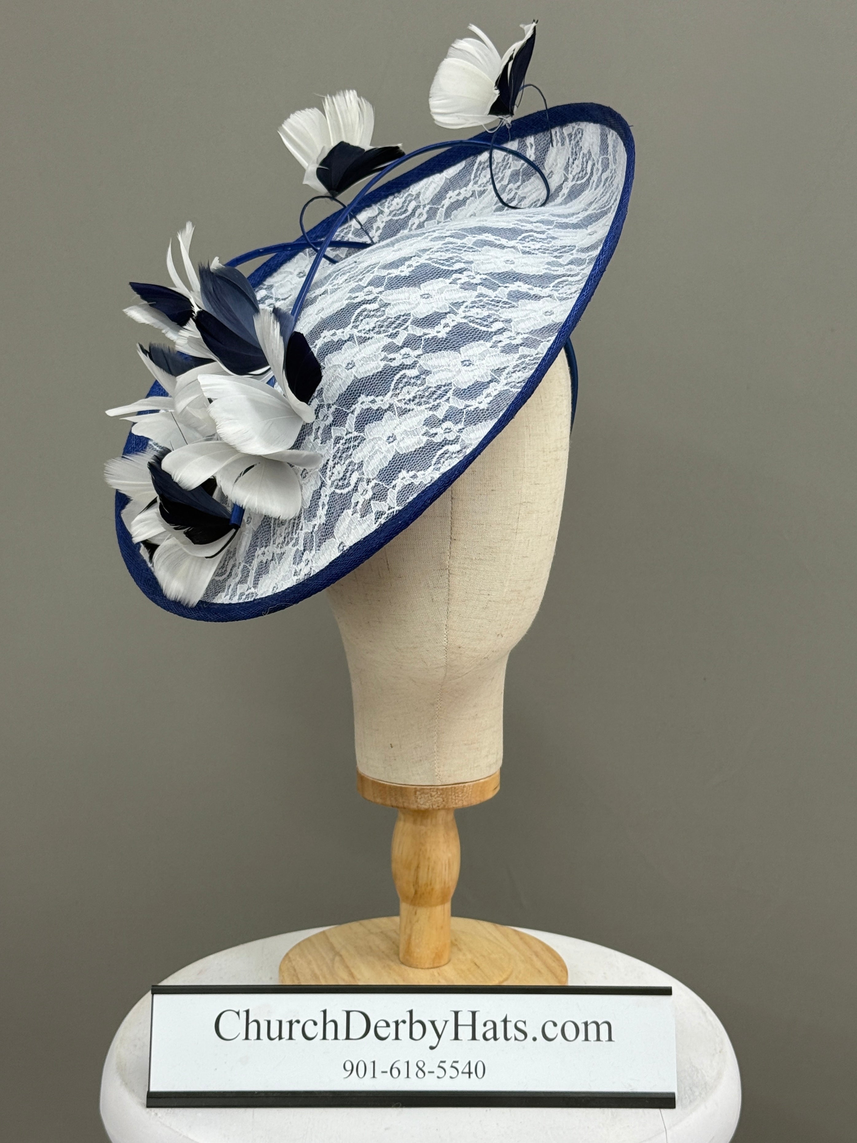 Sarai Navy White Lace Fascinator - Church Derby Hat