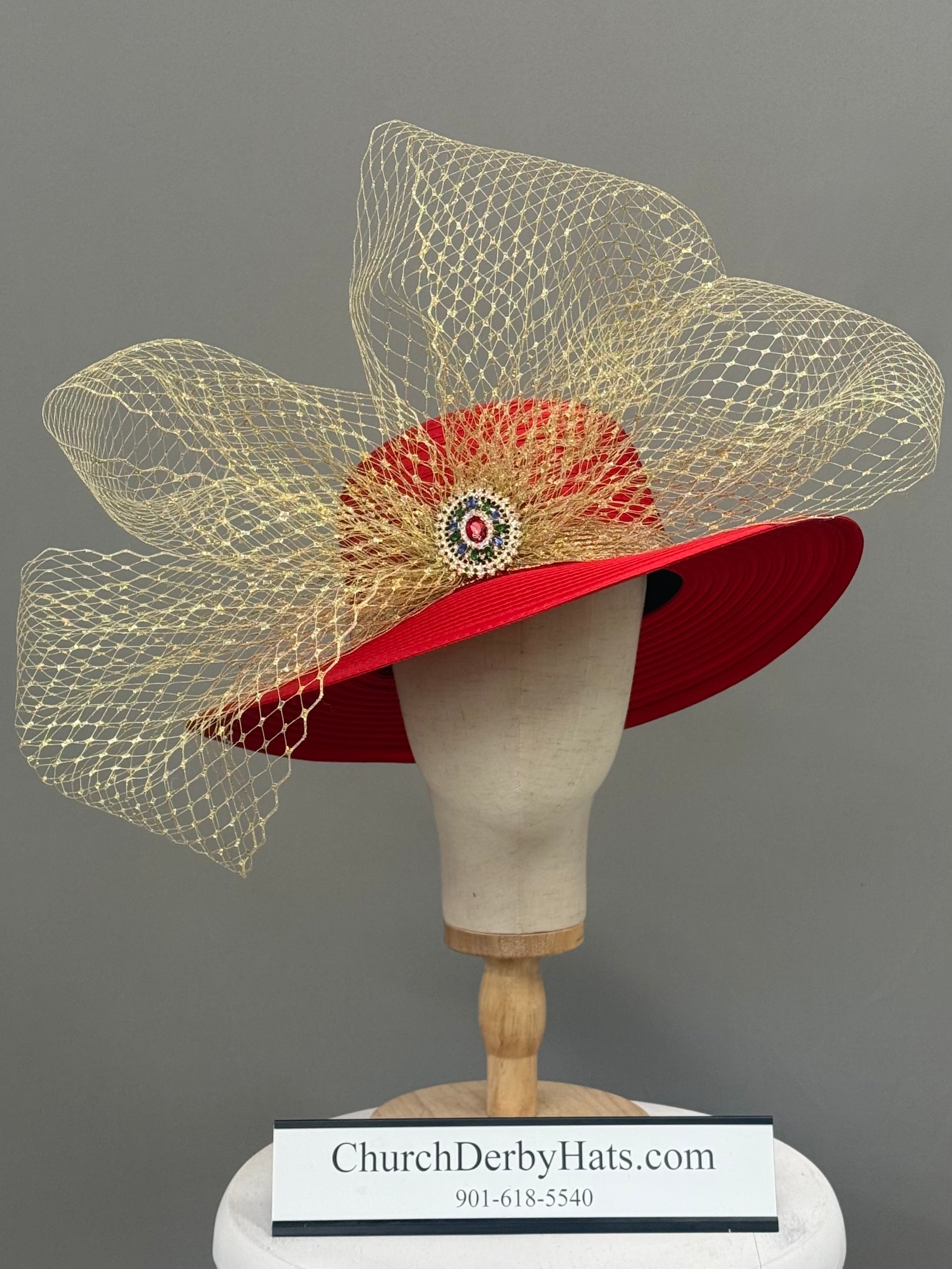 Bejeweled - Red Gold Kentucky Derby Hat - Church Hat