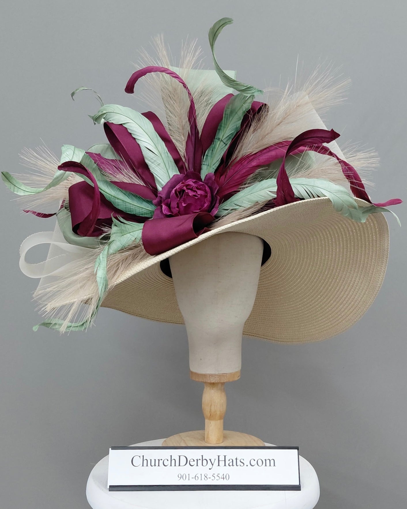 Mandy Burgundy Ivory Green - Kentucky Derby Hat - Church Hat