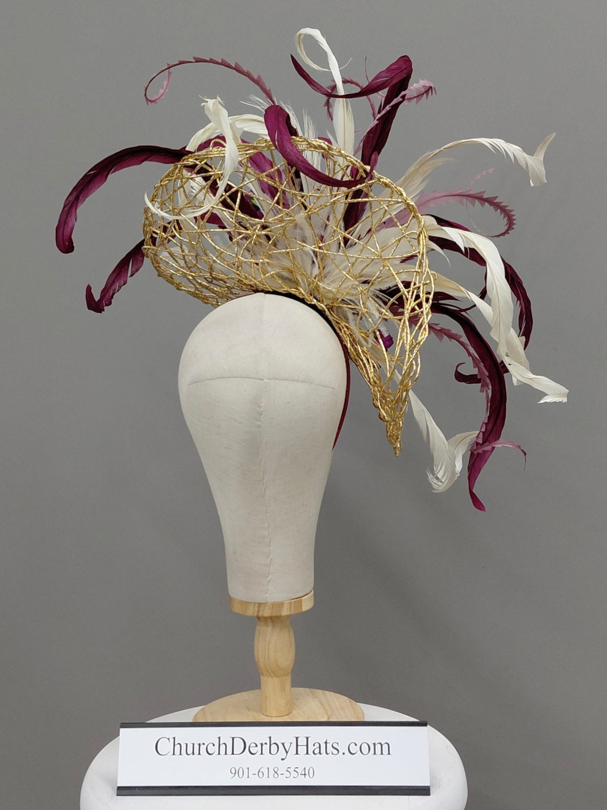 Elegance Gold Burgundy Fascinator on Headband - Kentucky Derby Hat - Church Hat