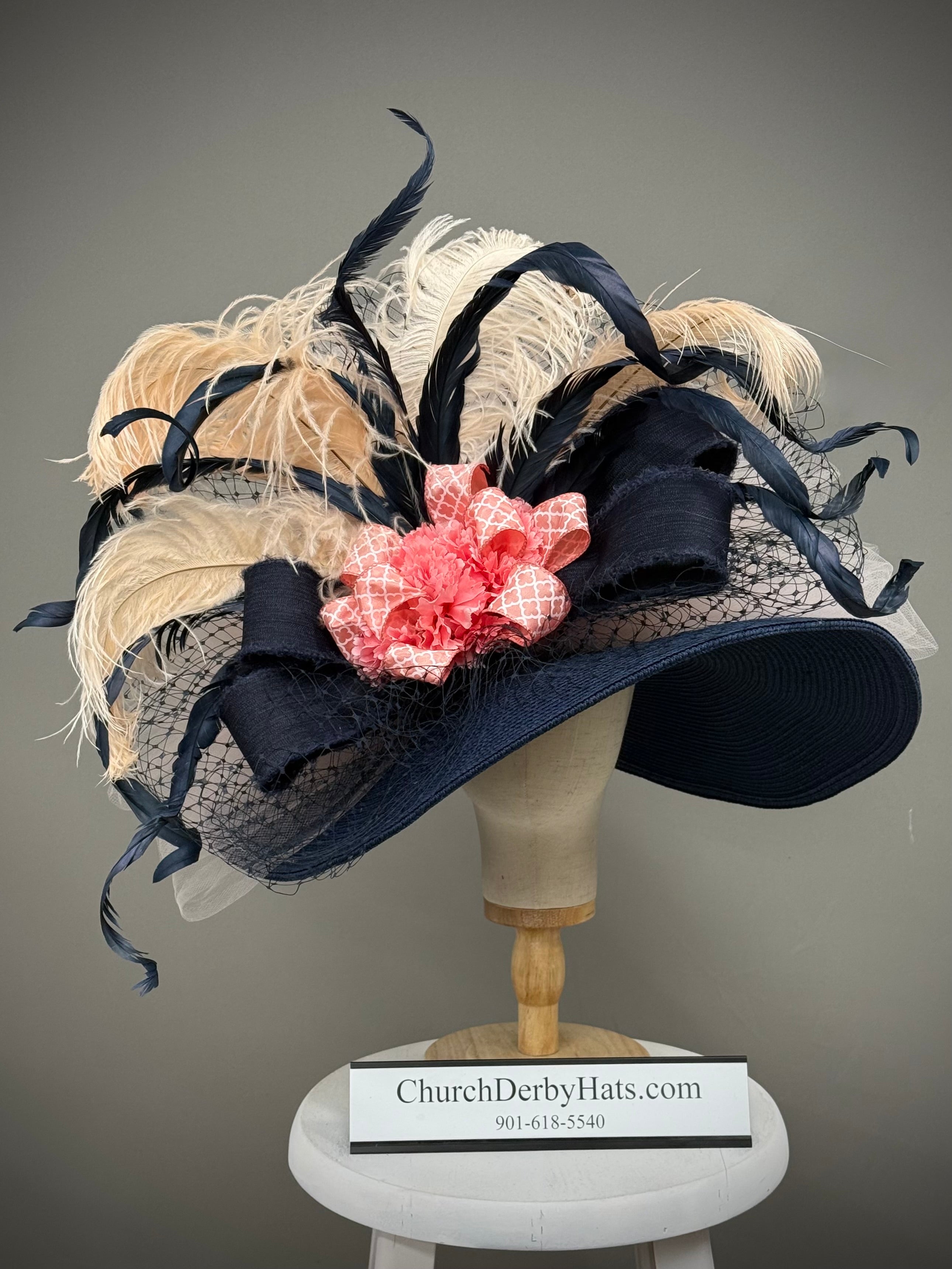 Windsor - Kentucky Derby Hat - Navy Blue, Peach Church Hat
