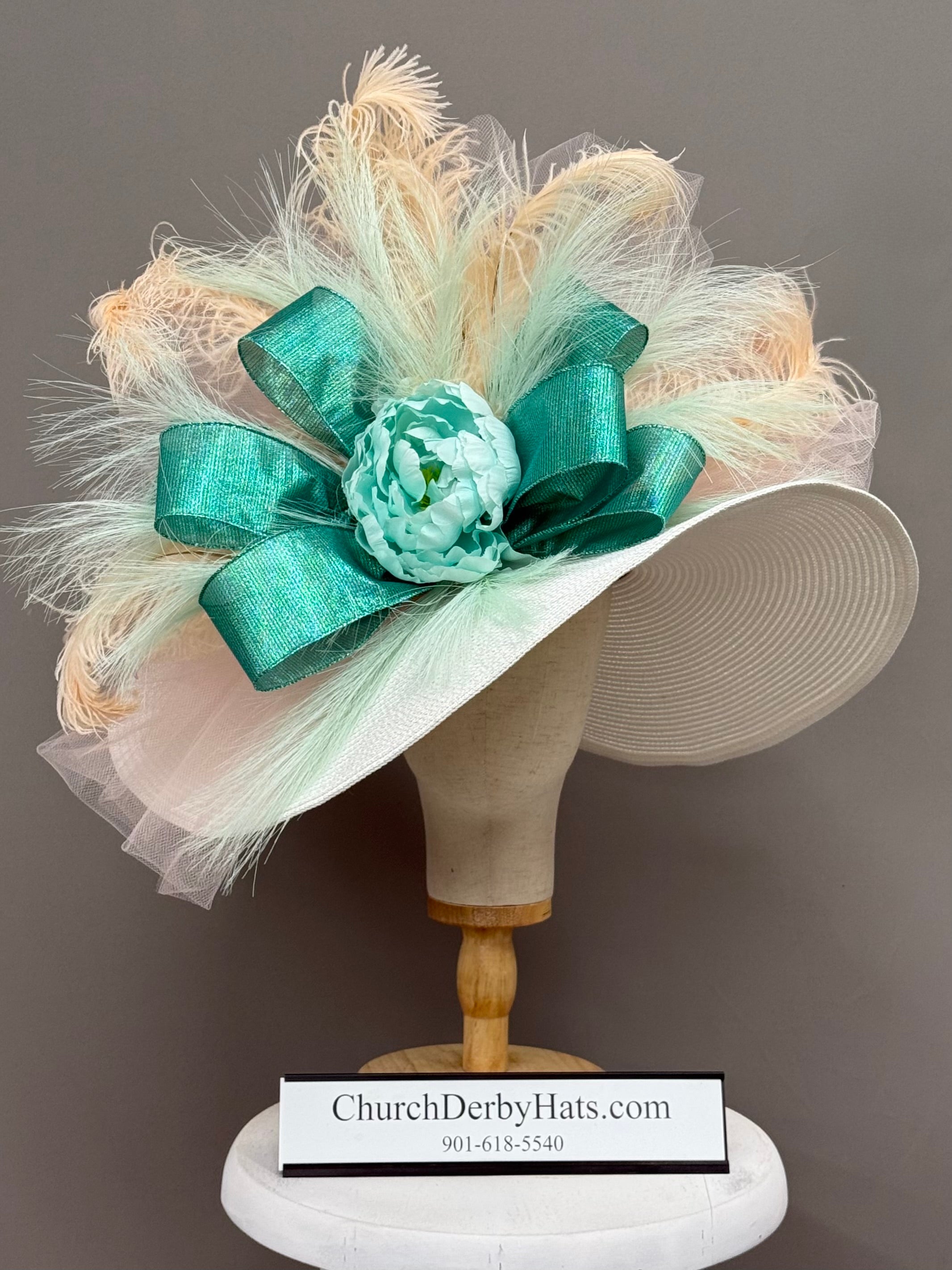 Arel White Peach Turquoise - Kentucky Derby Hat - Church Hat