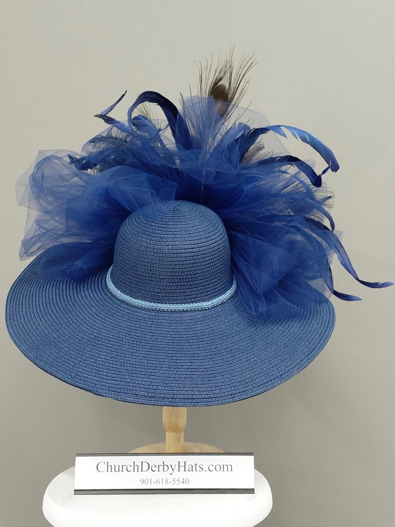 Hagen - Navy Blue Kentucky Derby Hat - Church Hat With Peacock Feathers