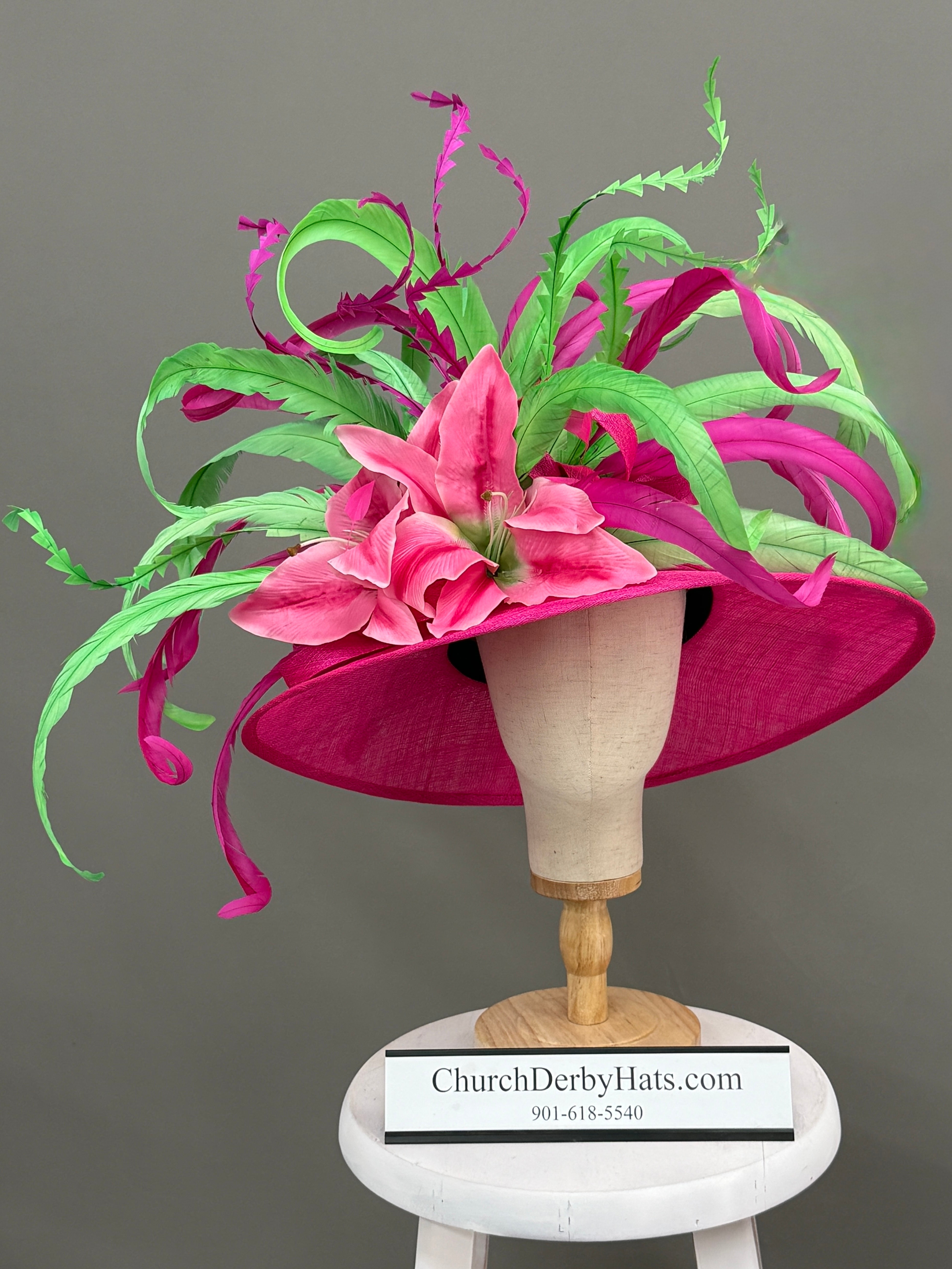 Oaks Lily Hot Pink and Green - Kentucky Derby Hat