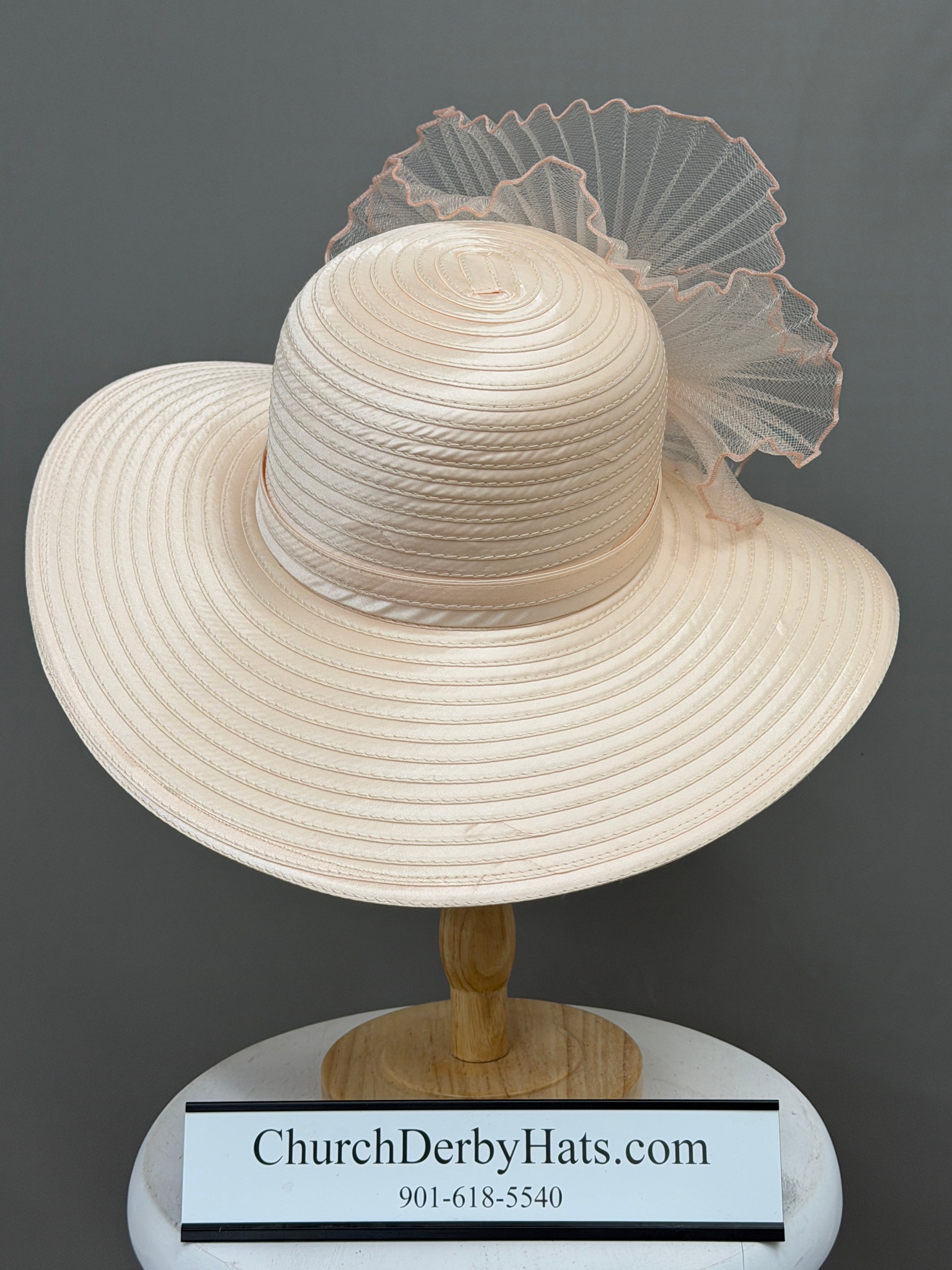 Peach Satin Ribbon with Brooch - Church Derby Hat