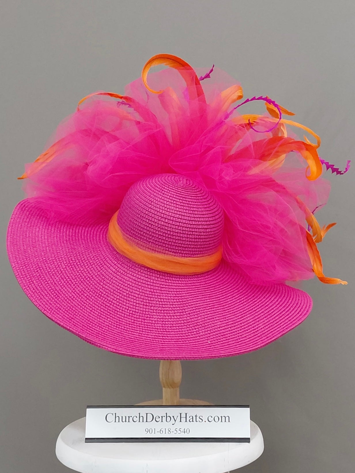 Malone - Orange Fuchsia Pink Kentucky Derby Hat - Church Hat