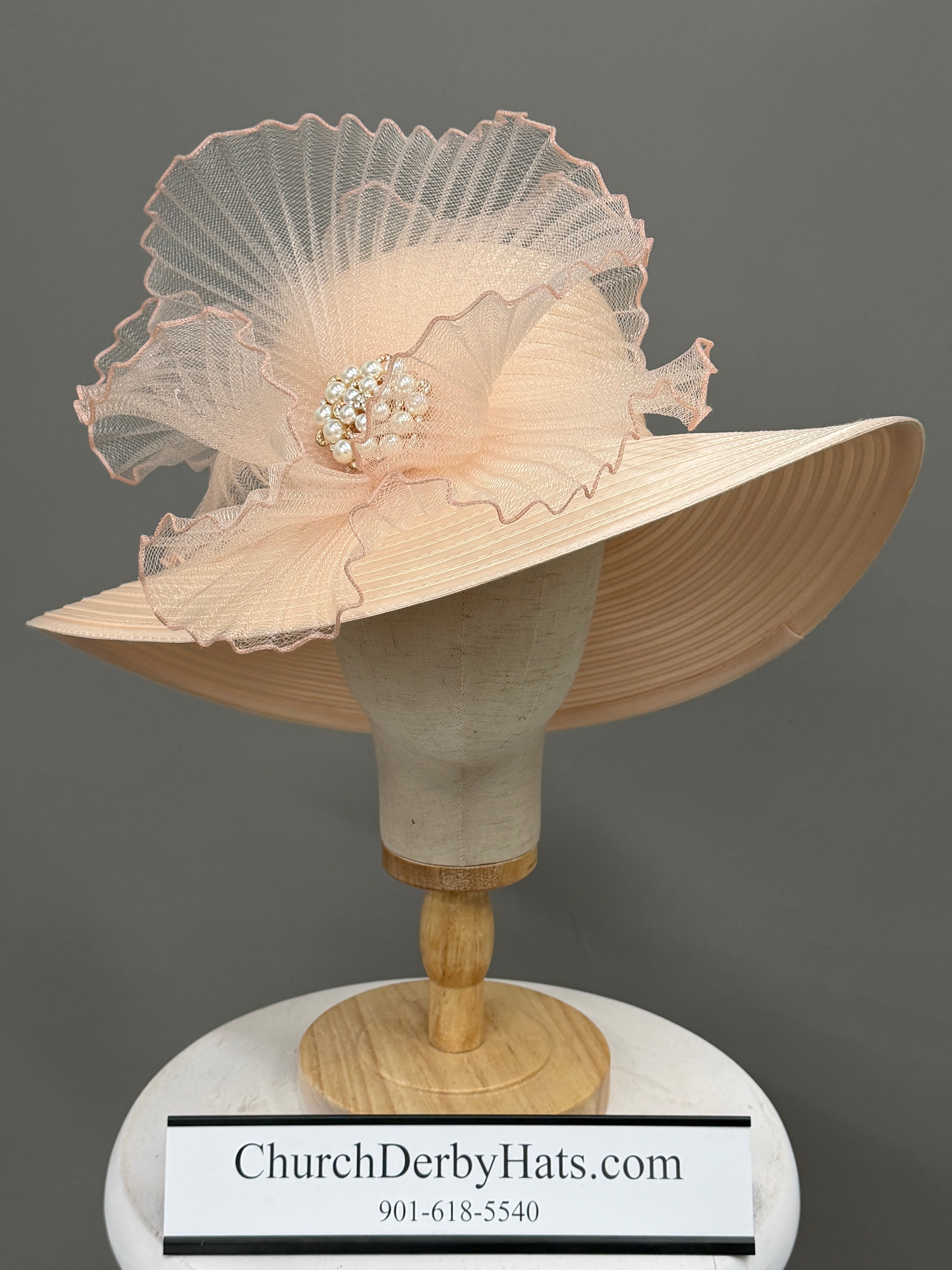Peach Satin Ribbon with Brooch - Church Derby Hat
