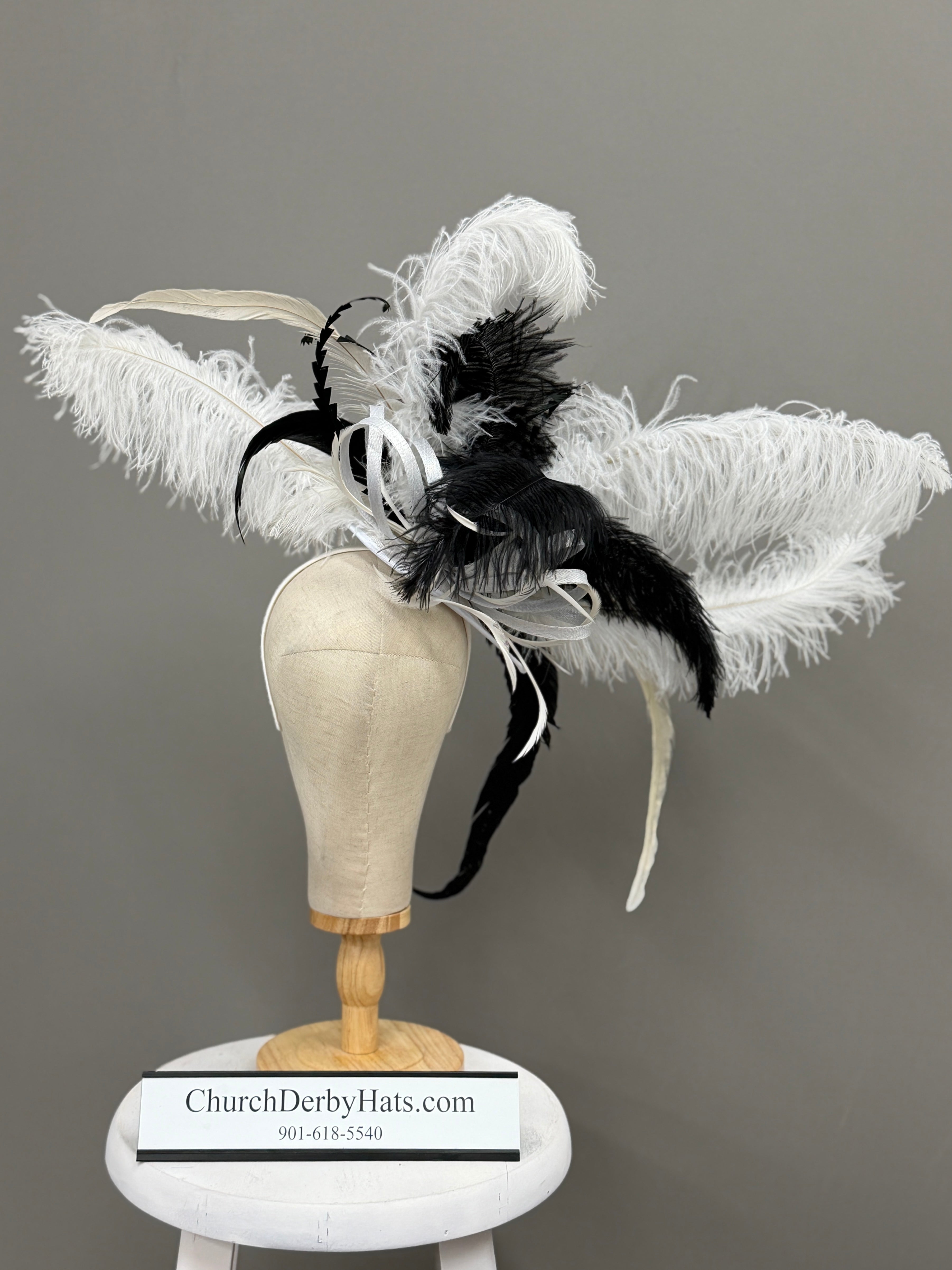 Masquerade by Vance - Couture Millinery Fascinator on Headband - Kentucky Derby Hat - Church Hat - Black and White