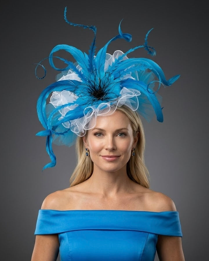 Topaz Blue Fascinator on Headband