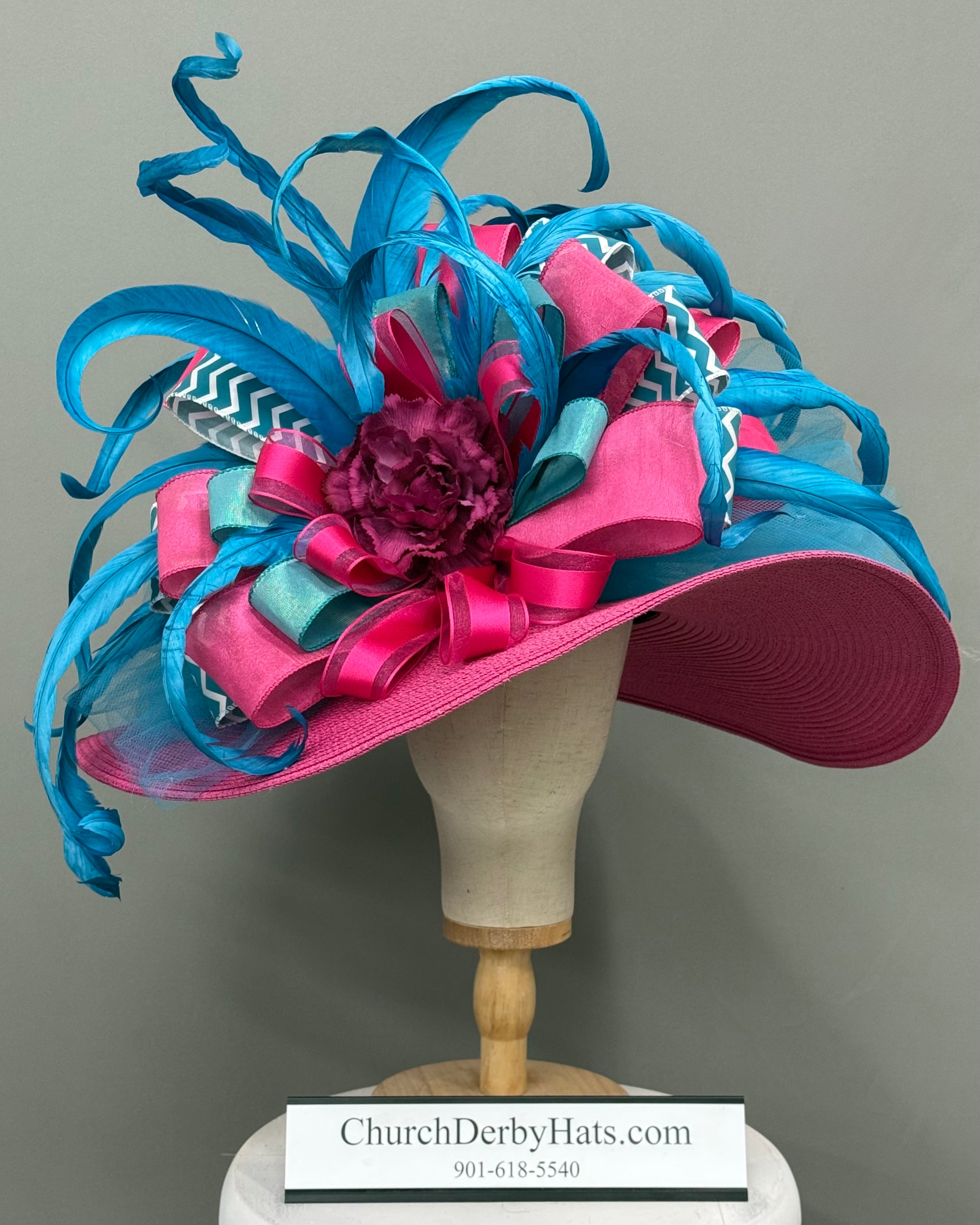 Mira - Pink Blue Kentucky Derby Hat - Church Hat