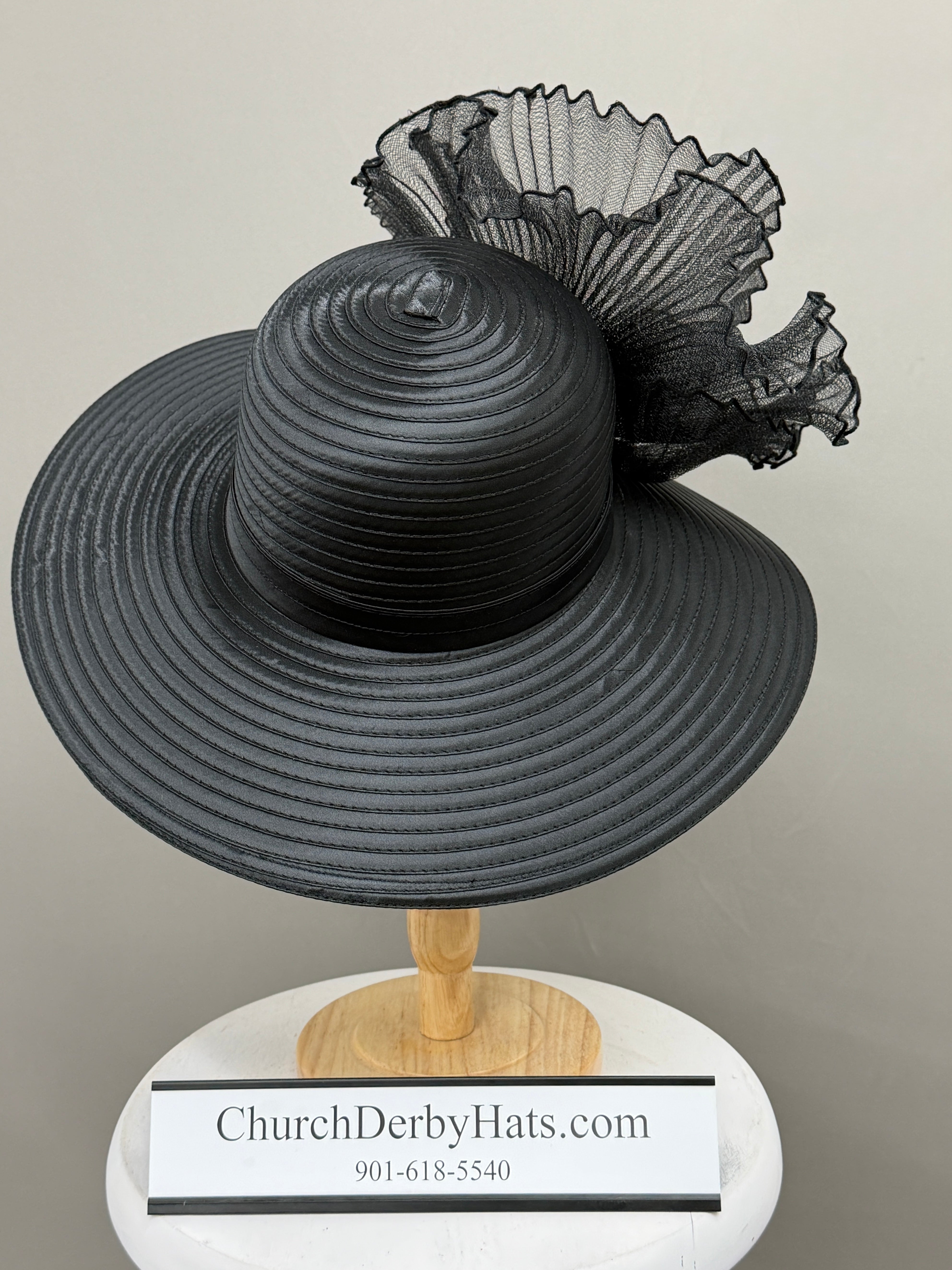 Black Satin Ribbon with Brooch - Church Derby Hat
