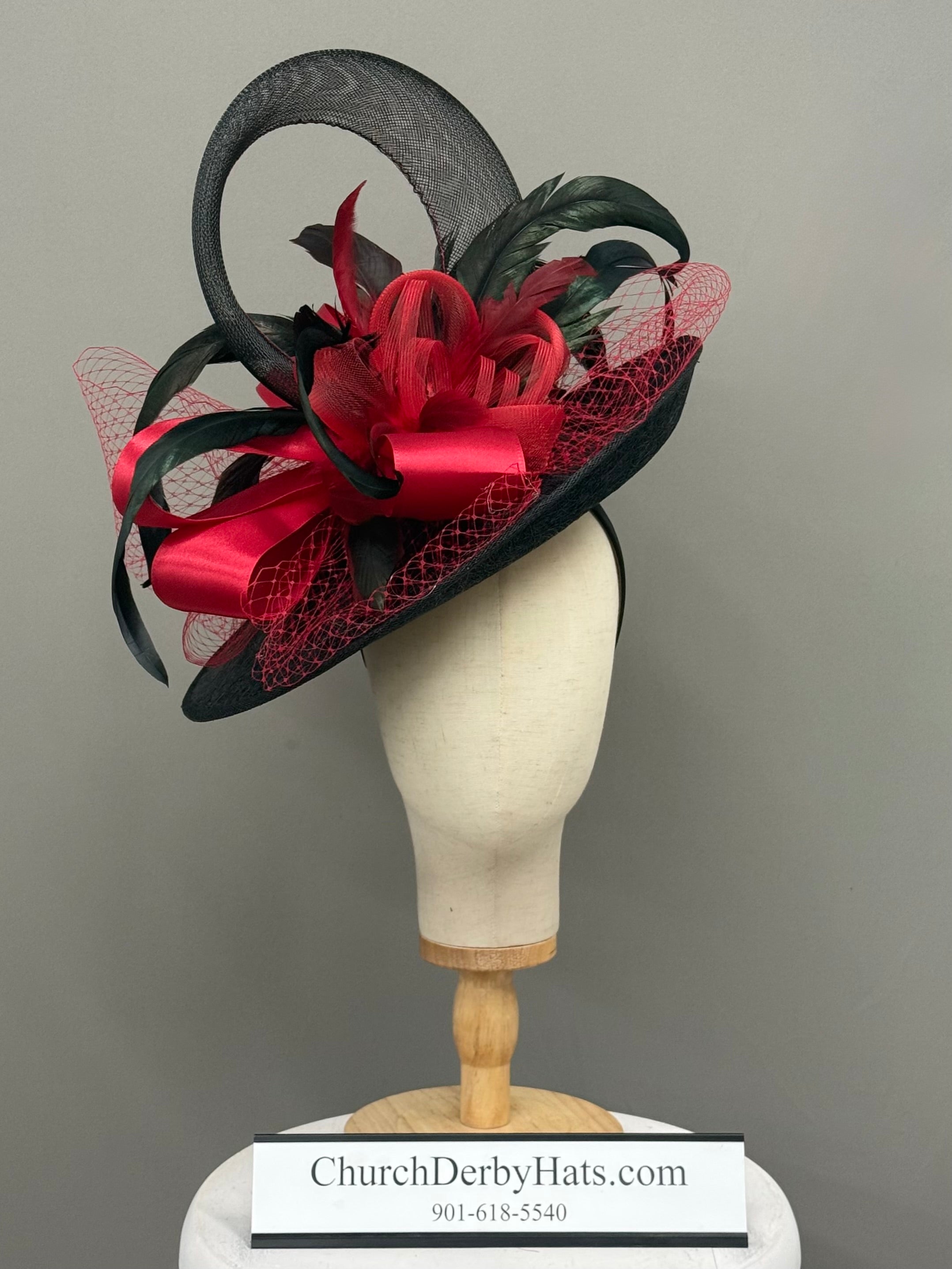Hermosa - Red Black Kentucky Derby Fascinator Hat