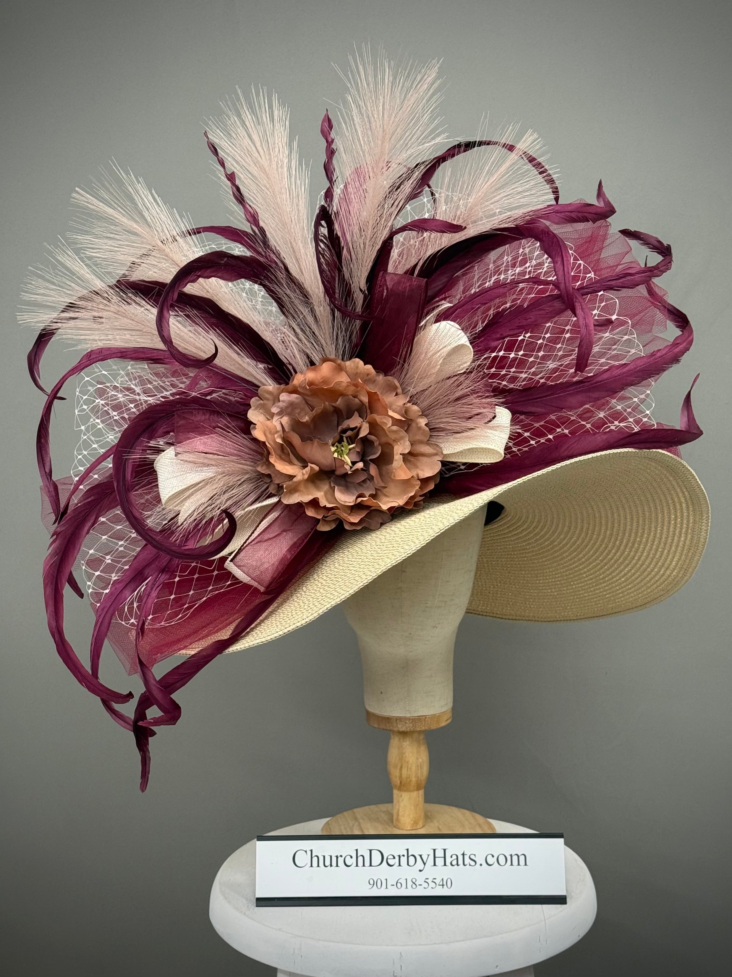 Duchess - Kentucky Derby Hat - Ivory Maroon Church Hat