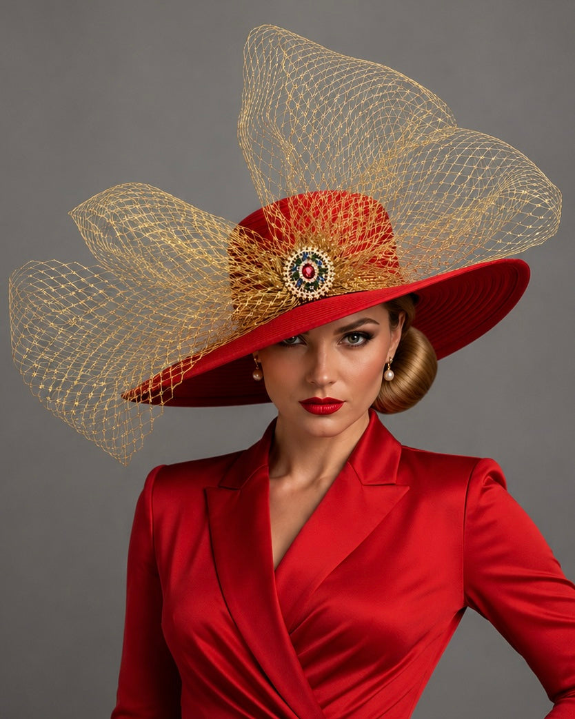 Bejeweled - Red Gold Kentucky Derby Hat - Church Hat