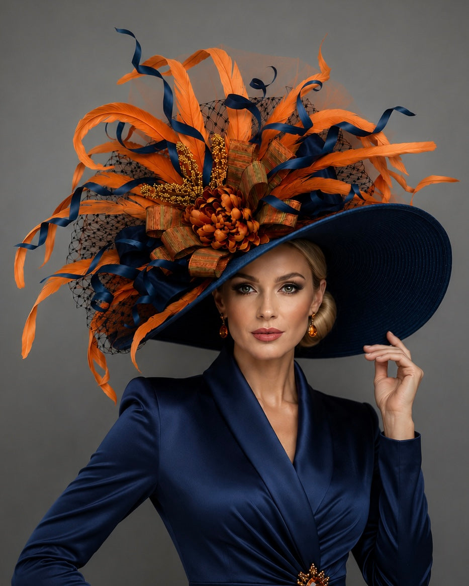 Navy Blue Orange Kentucky Derby Hat - Church Hat