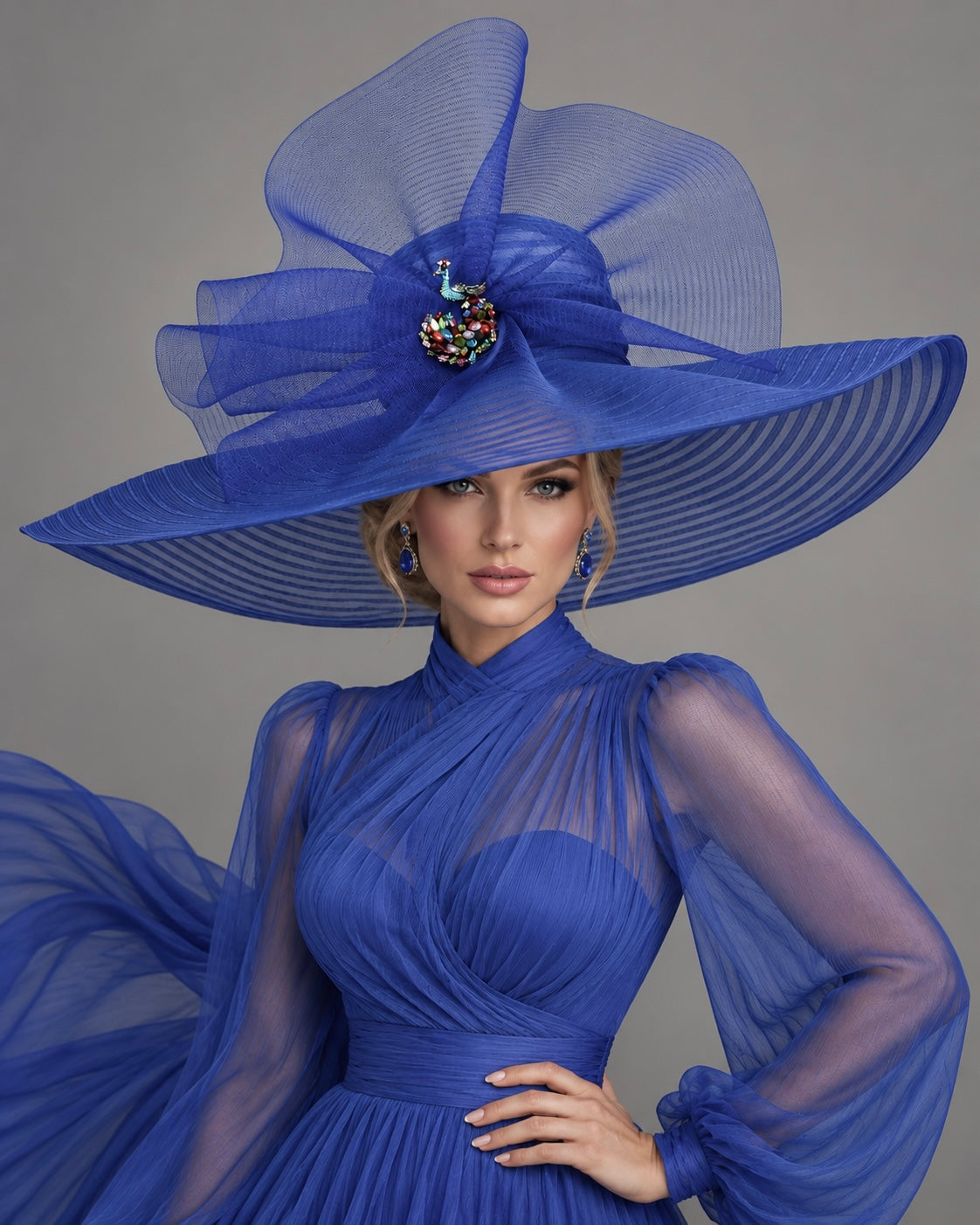 Peacock Brooch Royal Blue Horsehair - Kentucky Derby Hat - Church Hat