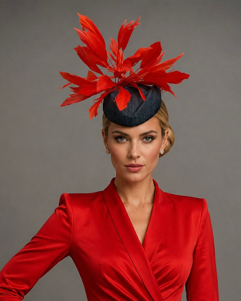 Erica - Dark Teal Bold Blood Orange Fascinator Hat