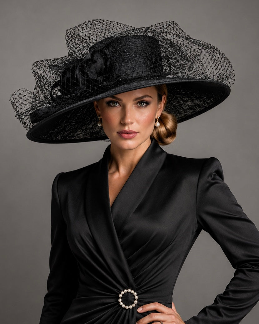 Greta Black Sinamay Church Hat