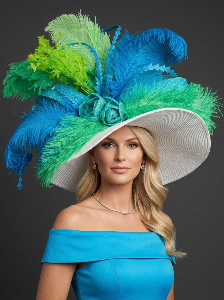 Jerah Blue Green White - Luxury Kentucky Derby Hat
