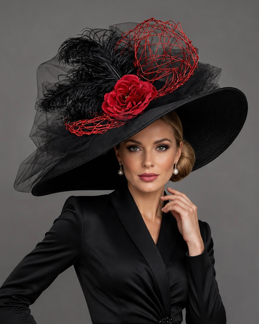Hannah Black Red - Kentucky Derby Hat - Church Derby Hat