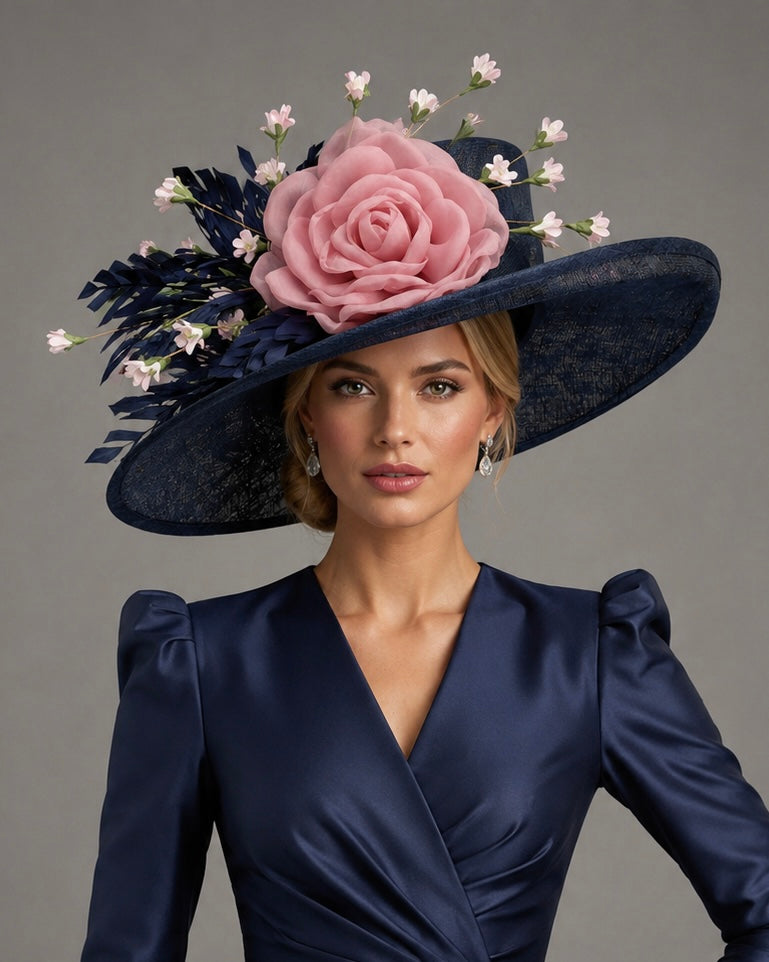 Amanda Navy Pink Sinamay - Church Derby Hat