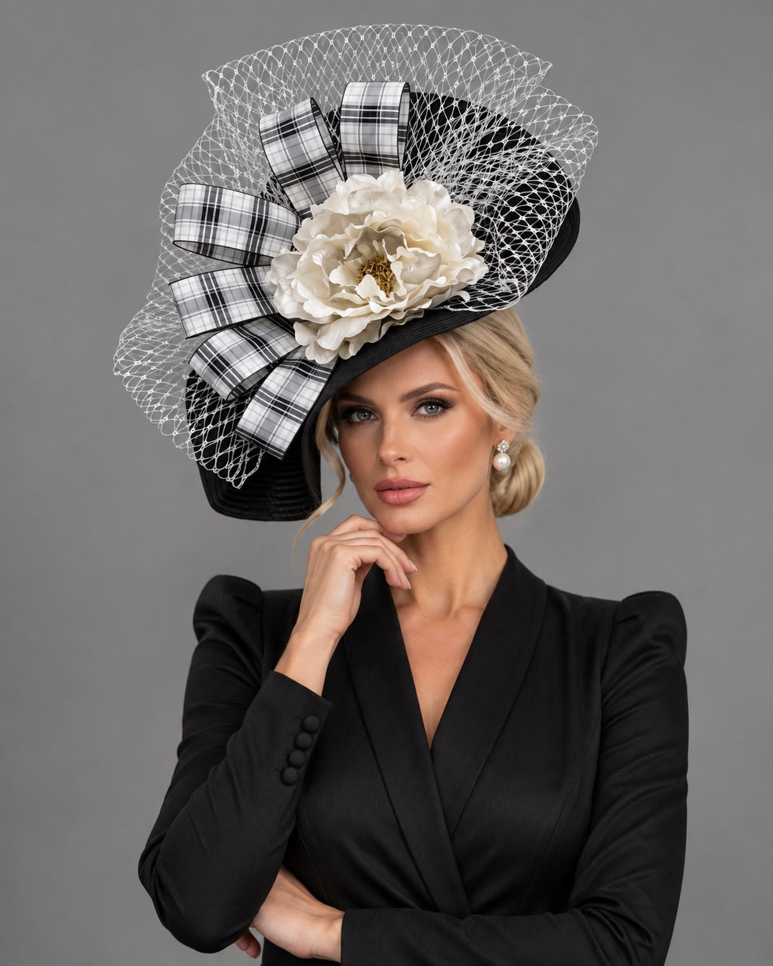 Amanda Black White Silver - Fascinator Hat on Headband