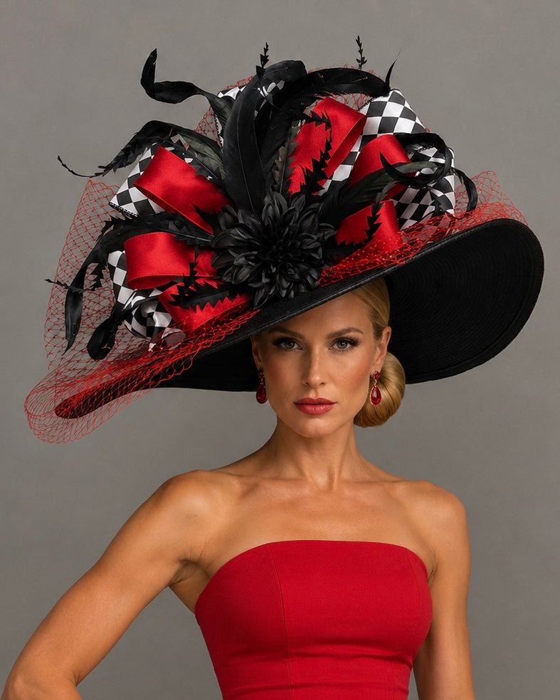 Magnificent - Red Black Kentucky Derby Hat - Church Derby Hat