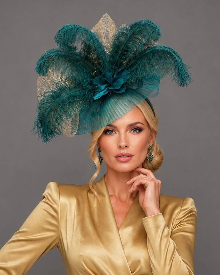 Rachel Teal Gold Fascinator