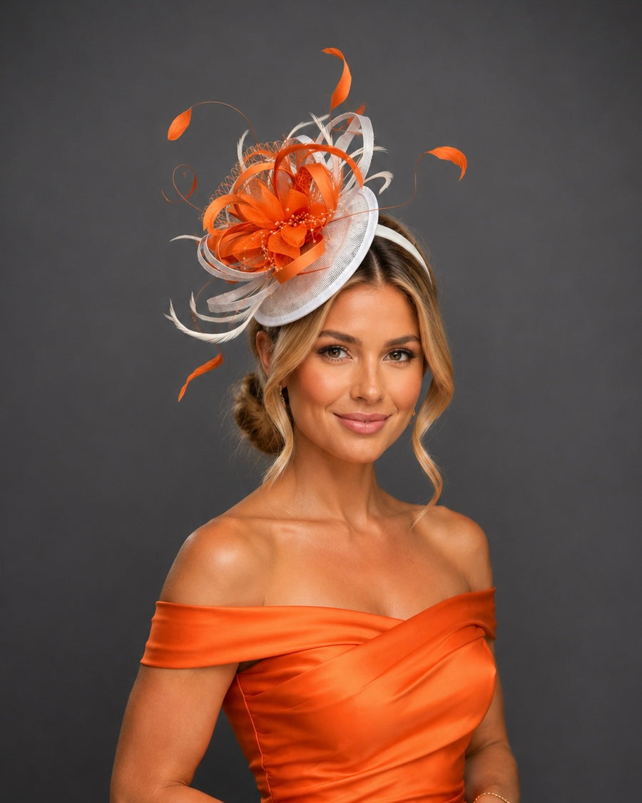 Rachel Orange White Fascinator - Kentucky Derby Hat