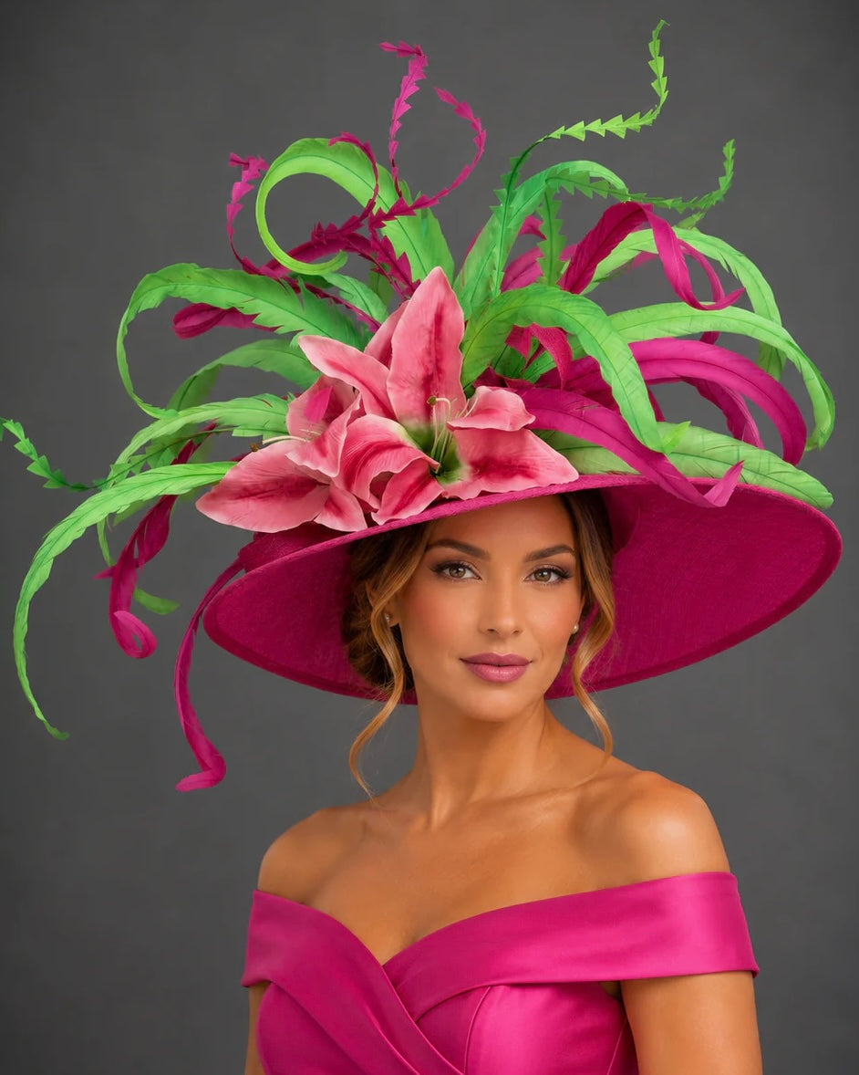 Oaks Lily Hot Pink and Green - Kentucky Derby Hat