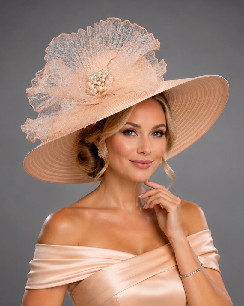 Peach Satin Ribbon with Brooch - Church Derby Hat