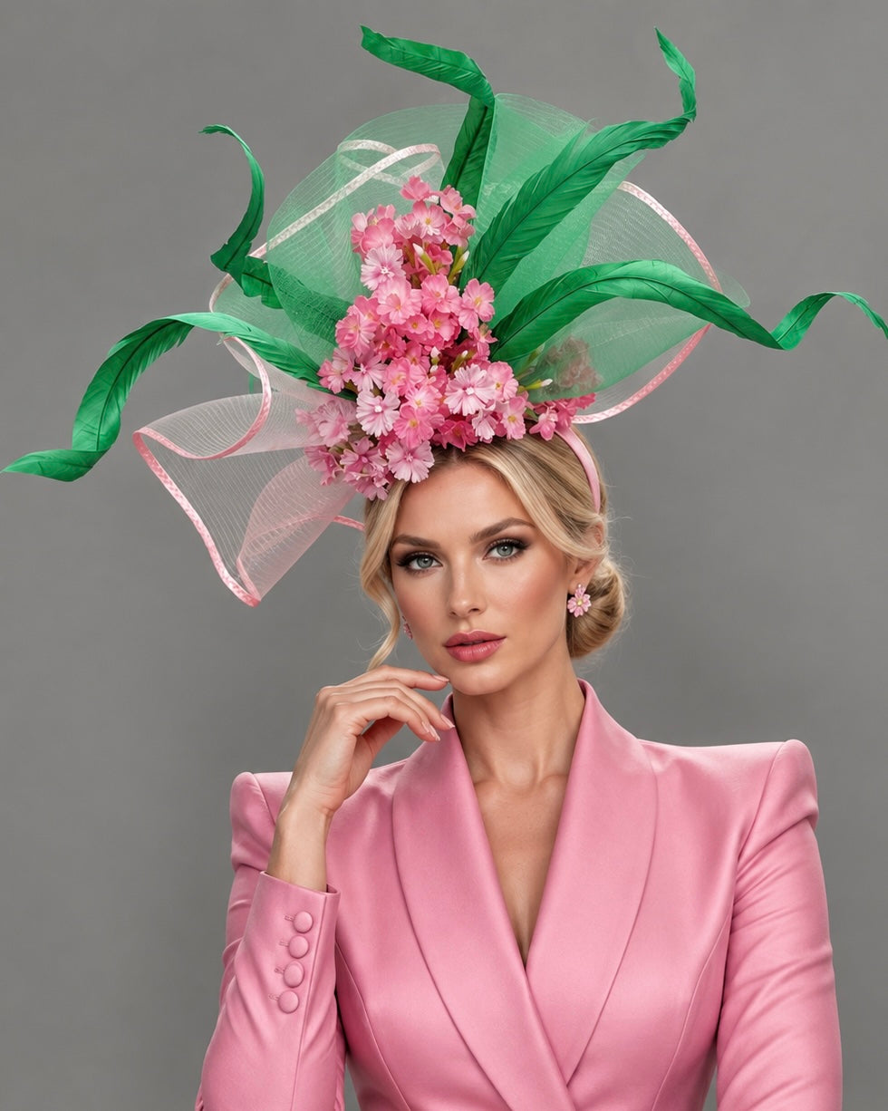 Kelly Green Pink Fascinator on Headband
