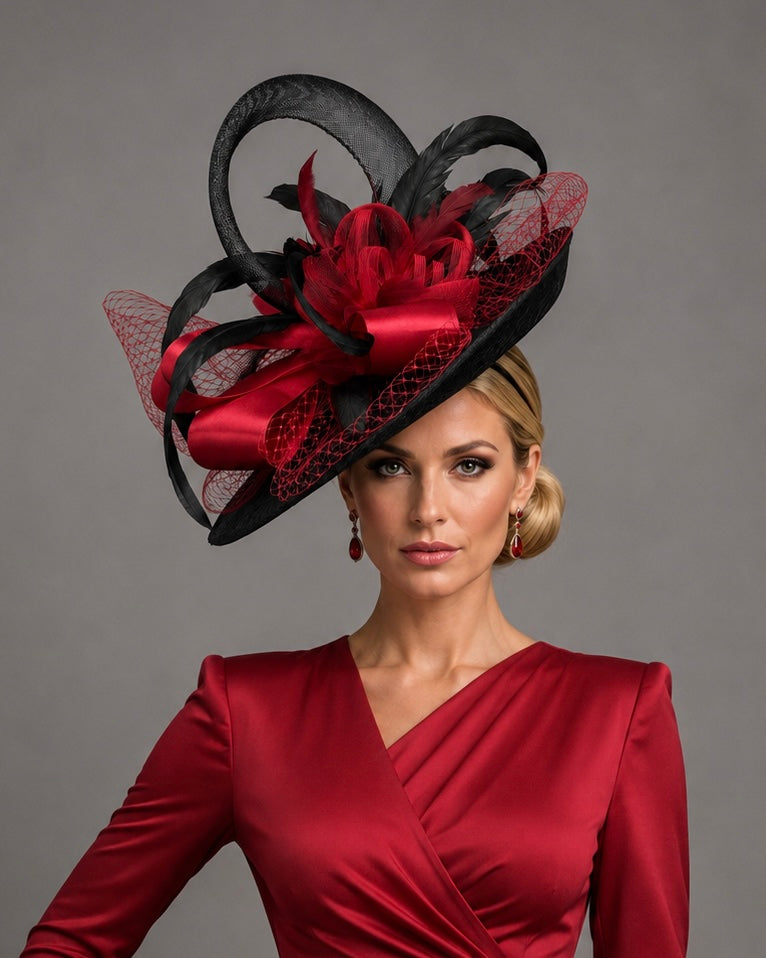 Hermosa - Red Black Kentucky Derby Fascinator Hat