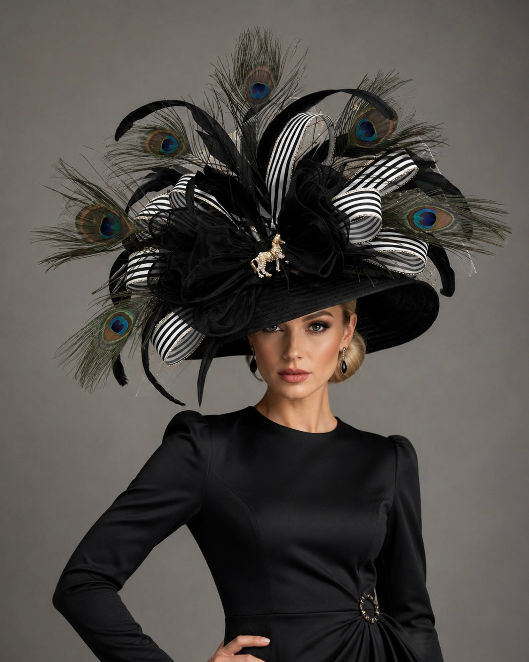 Tash Black White Stripe Gold Horse - Kentucky Derby Hat